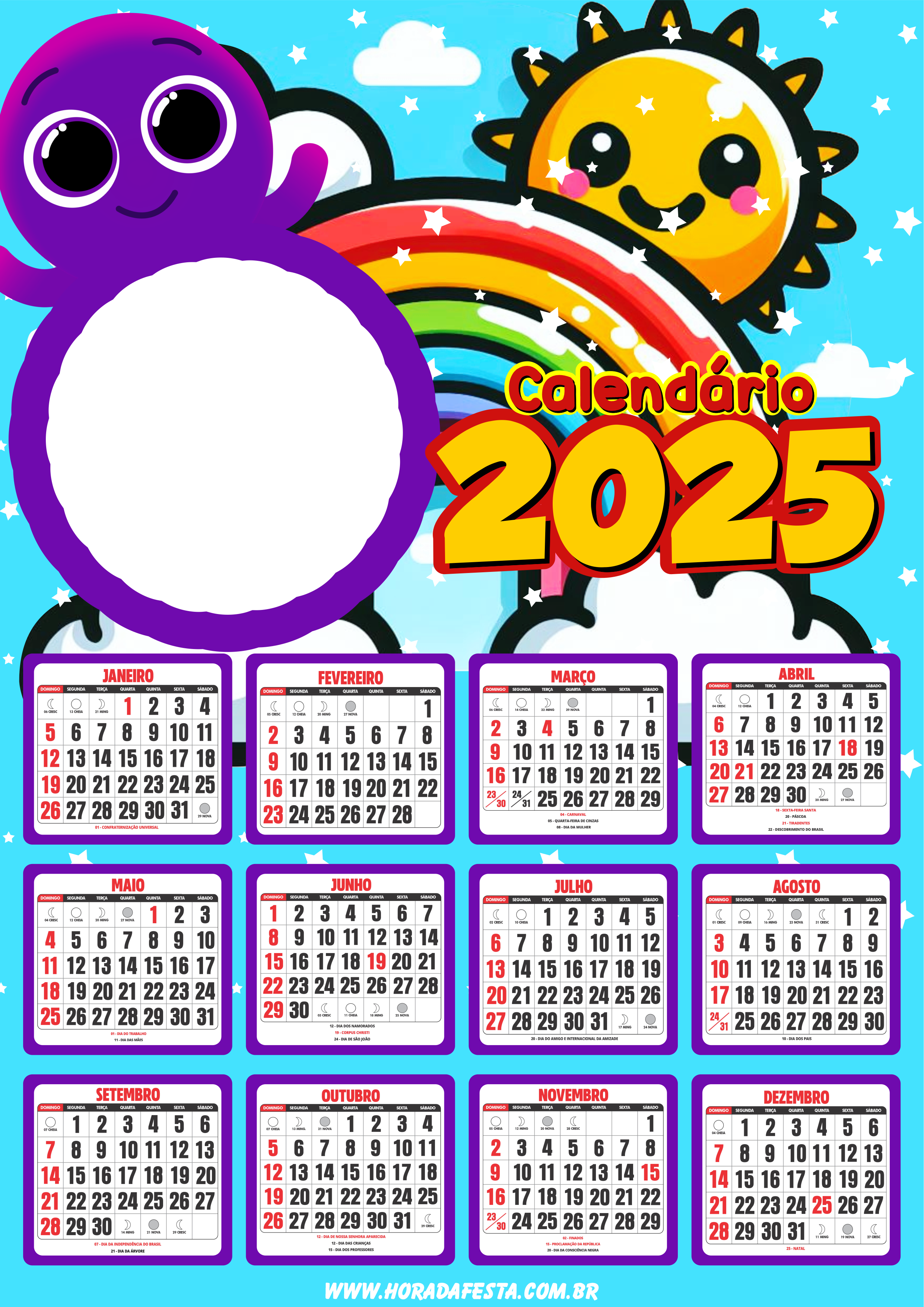 Calendário 2025 personalizado Bolofofos desenho infantil porta retrato png