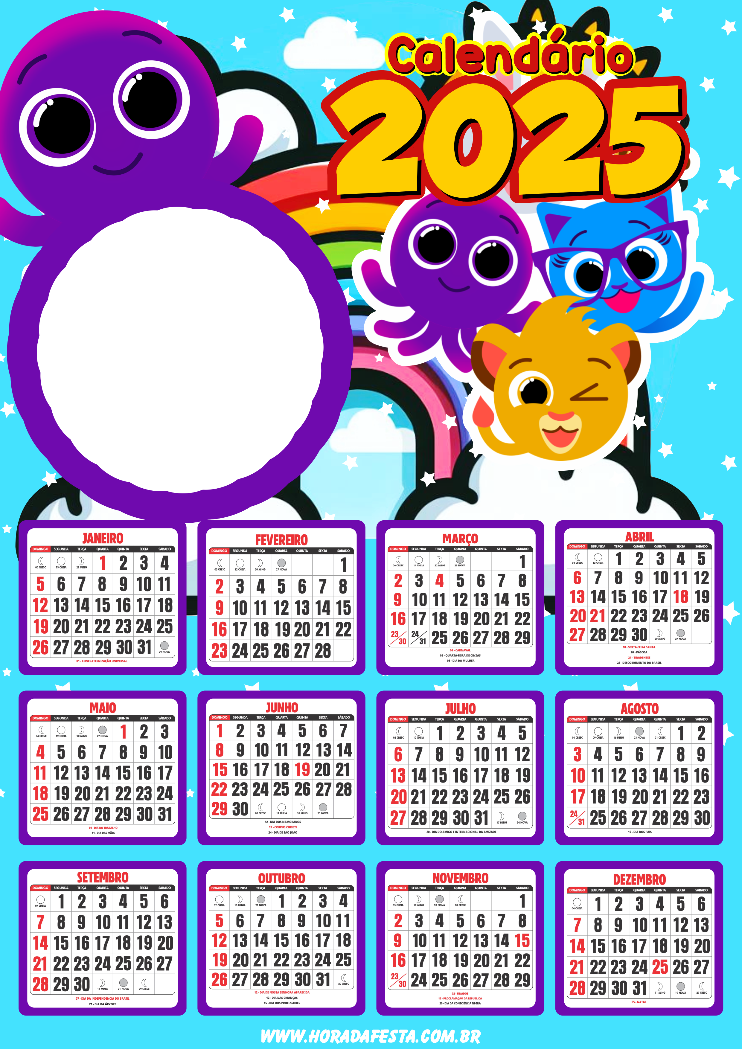 Calendário 2025 personalizado Bolofofos desenho infantil porta retrato para imprimir png