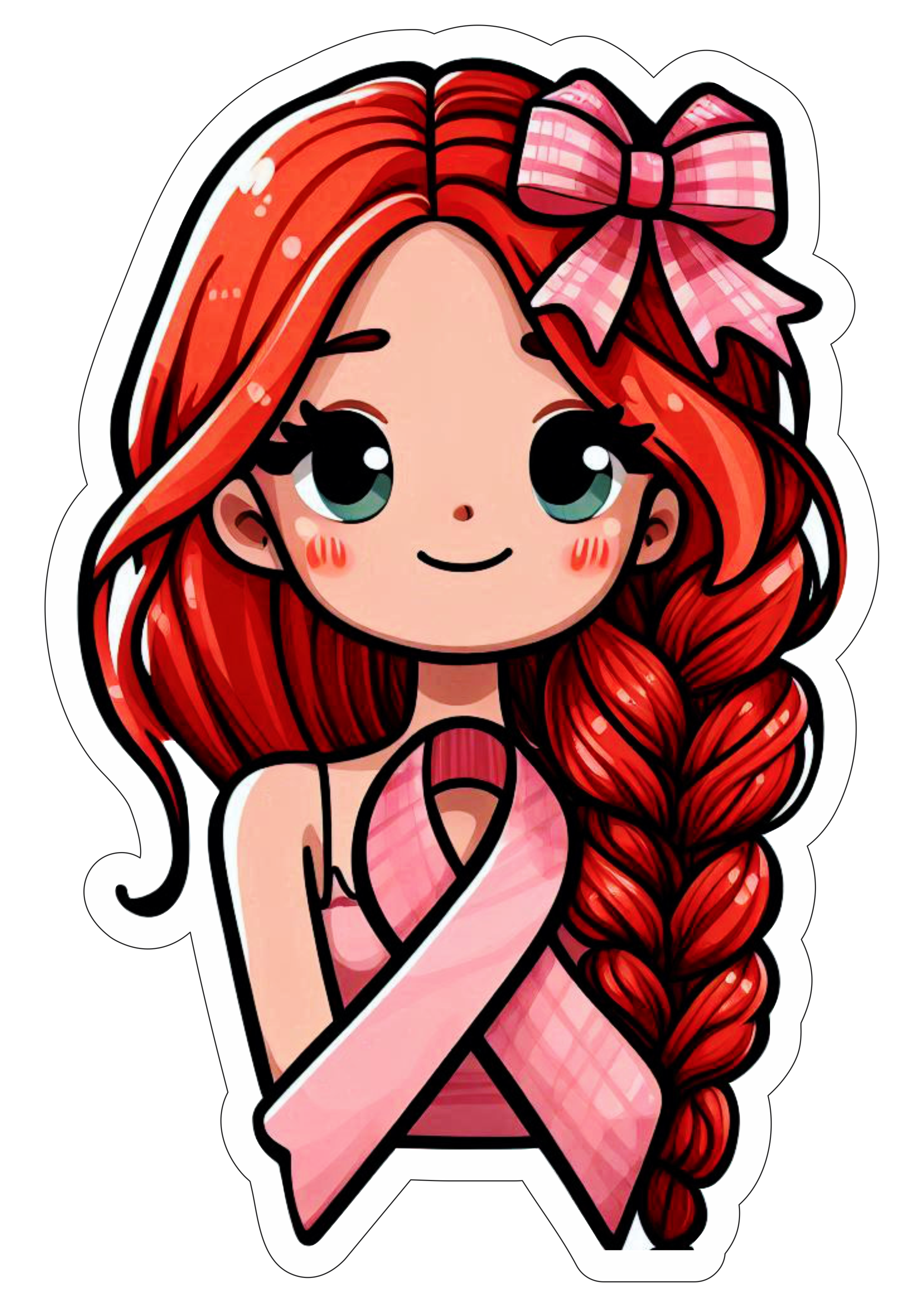 Campanha de conscientização outubro rosa desenho fofinho para decoração saúde da mulher ruiva tranças no cabelo lacinho png