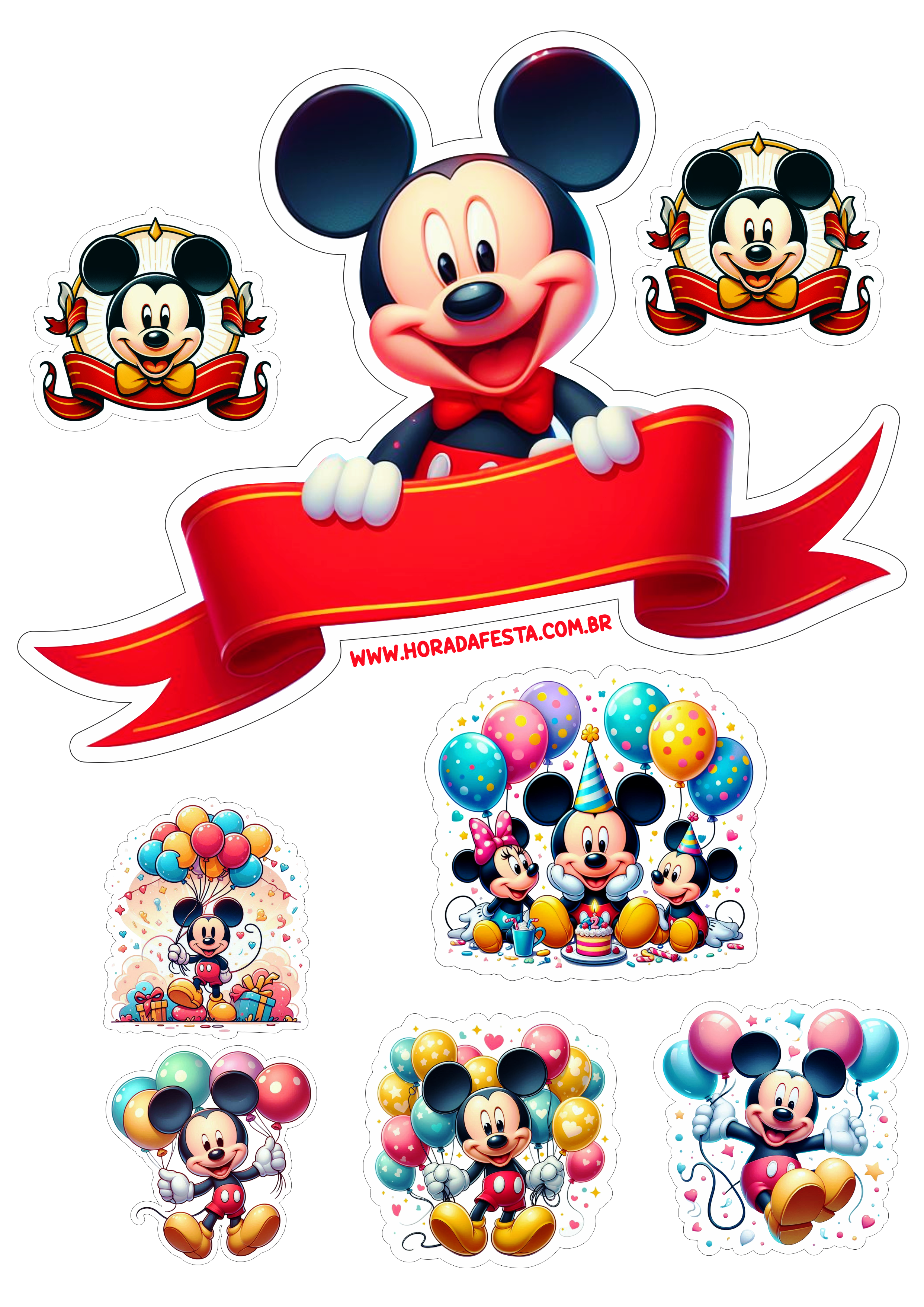 Topo de bolo para imprimir Mickey Mouse topper cake aniversário infantil imagem com contorno balões png