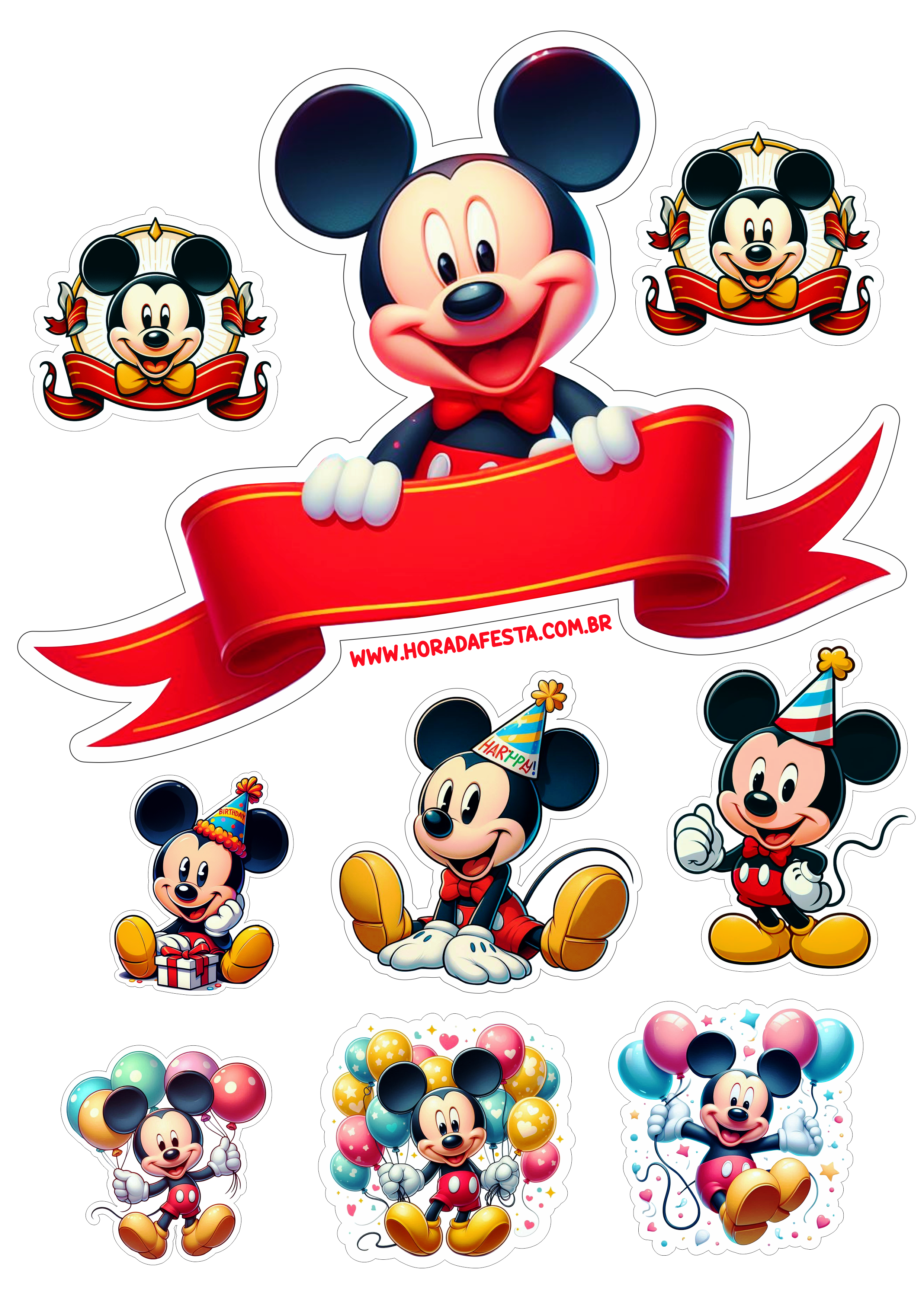 Topo de bolo para imprimir Mickey Mouse topper cake aniversário infantil imagem com contorno festa infantil png