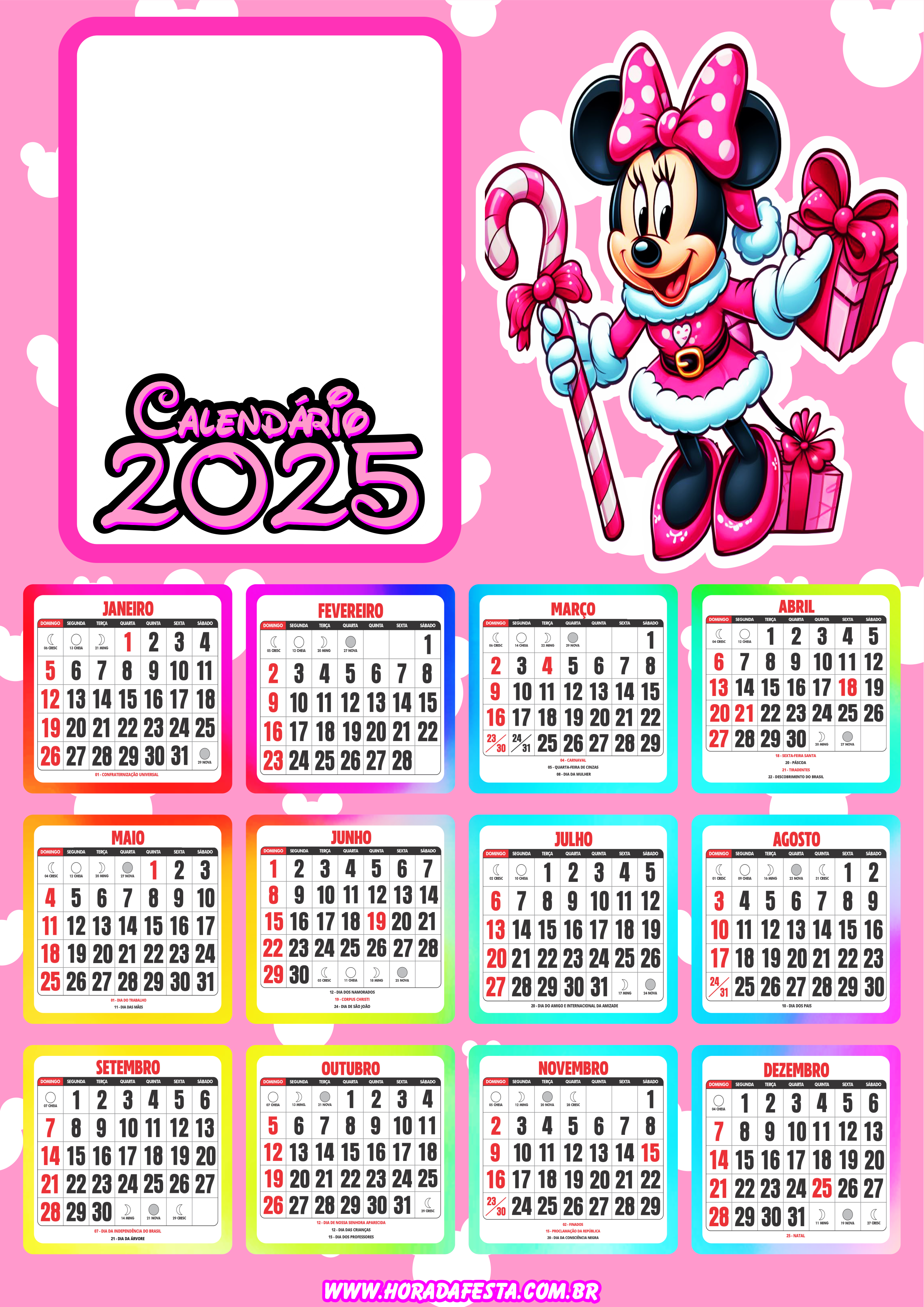 Calendário 2025 Minnie Mouse personalizado porta retrato infantil personagem fictício artes gráficas png