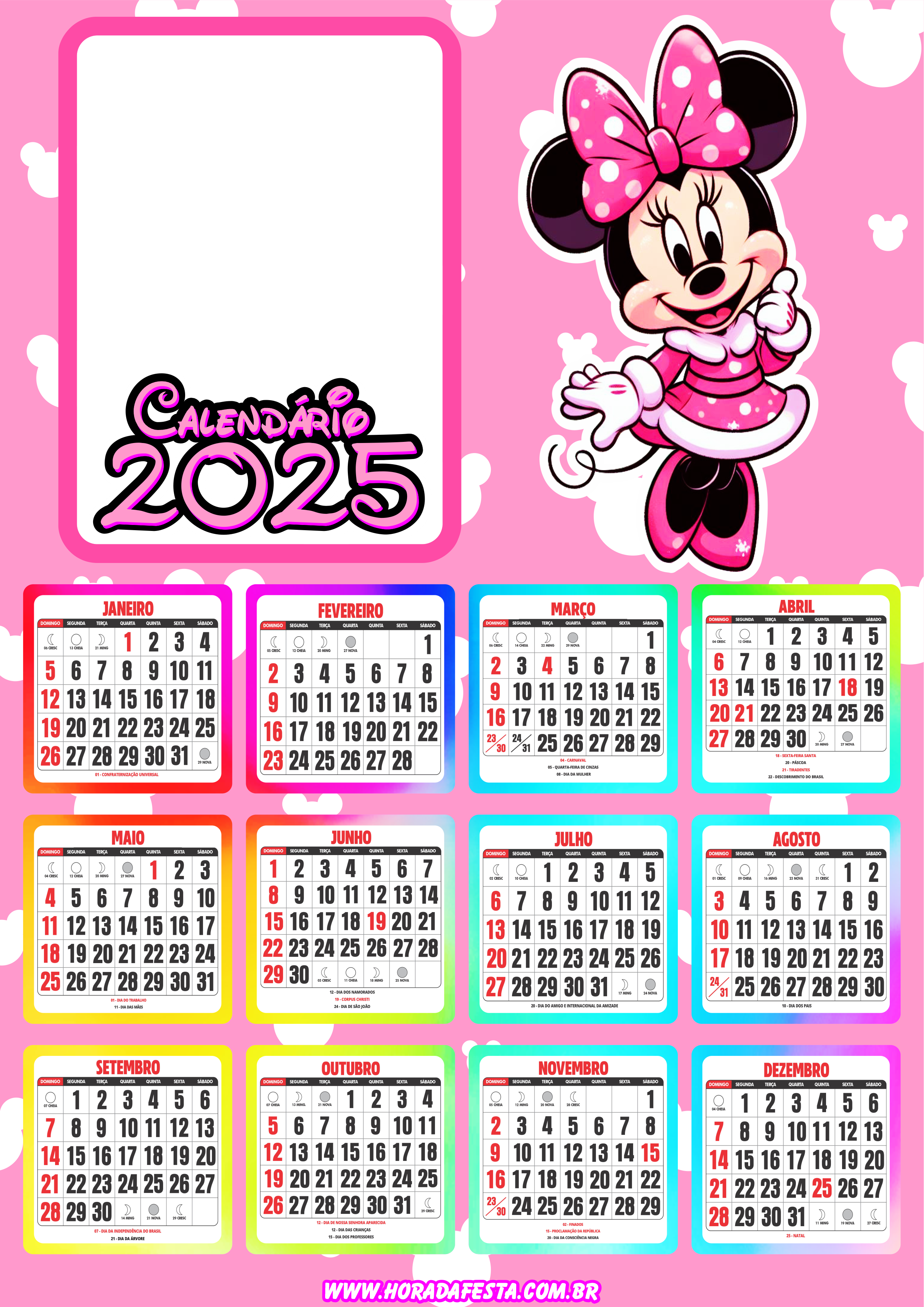 Calendário 2025 Minnie Mouse personalizado porta retrato infantil personagem fictício artes gráficas papelaria png