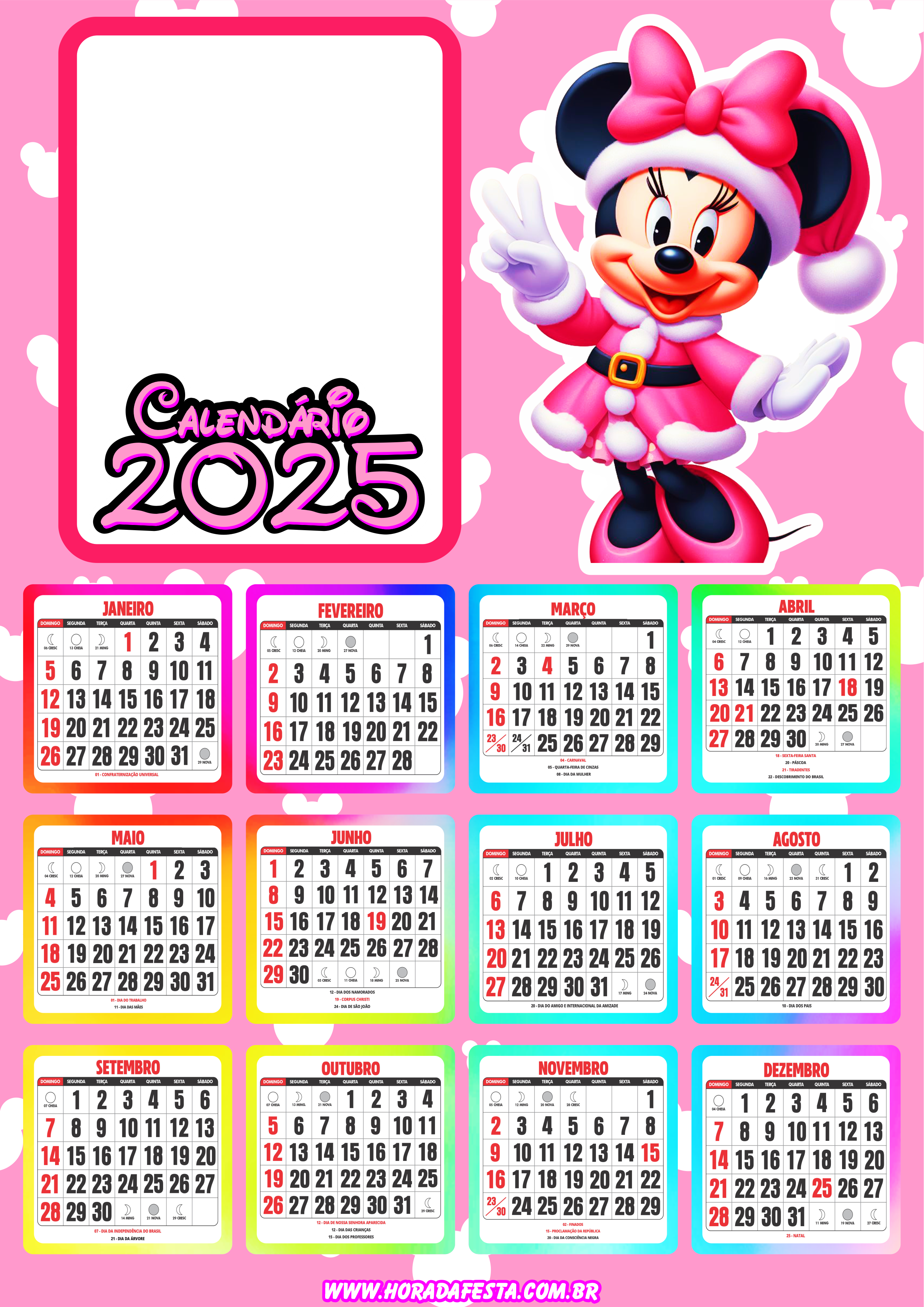 Calendário 2025 Minnie Mouse personalizado porta retrato infantil personagem fictício artes gráficas papelaria criativa png