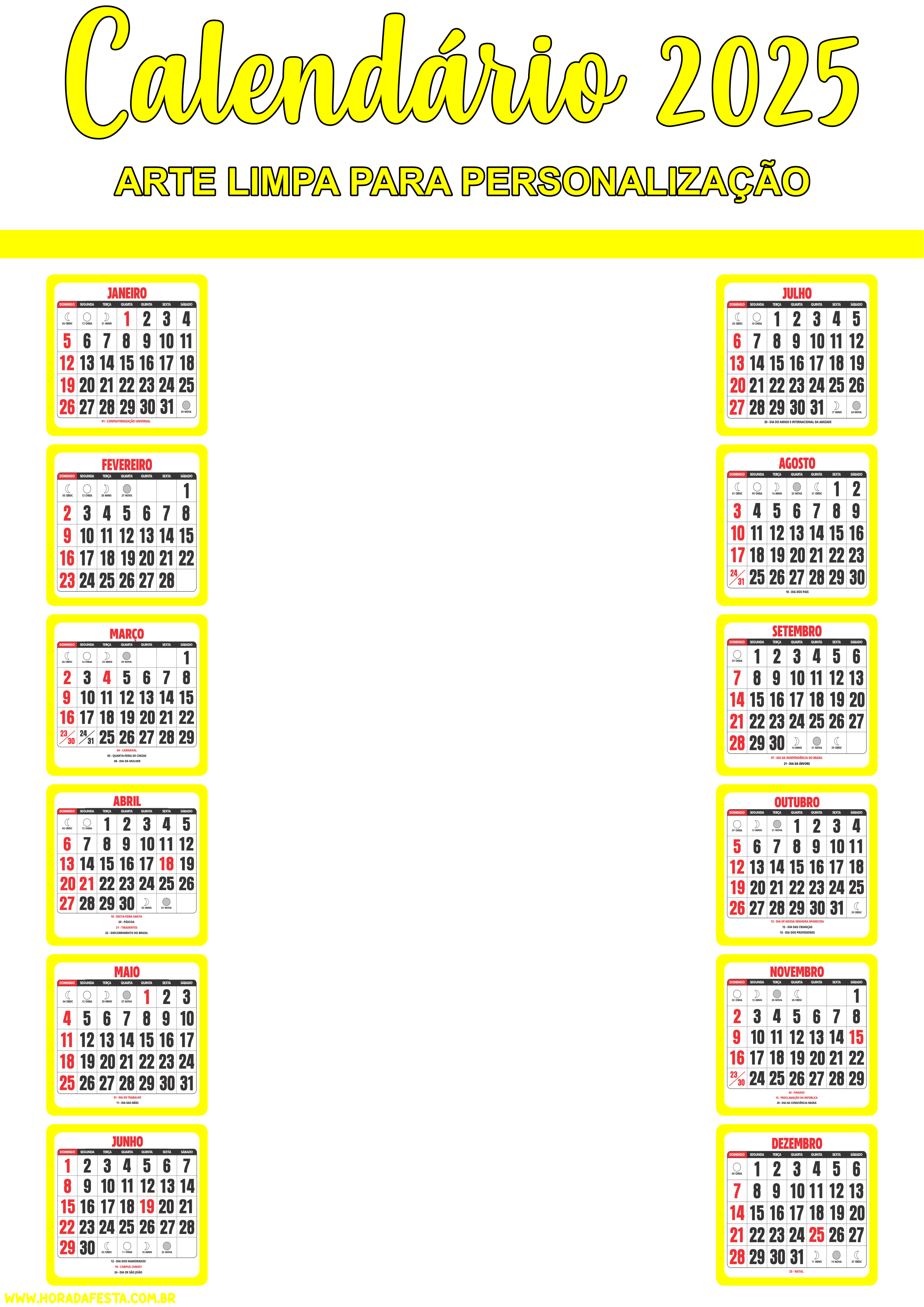 Calendário 2025 amarelo png