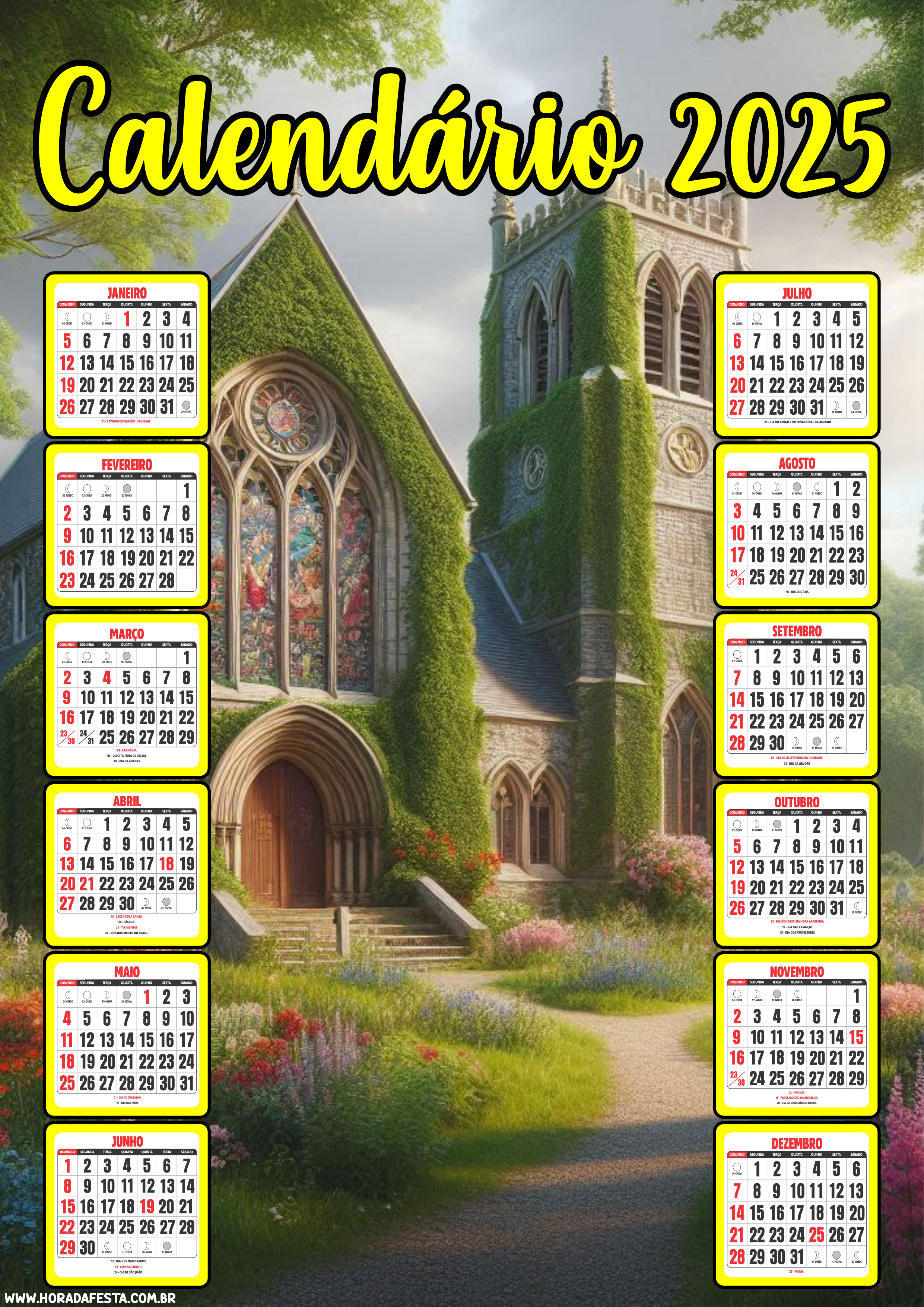 Calendário 2025 pronto para imprimir e personalizar religioso igreja pronto para imprimir png