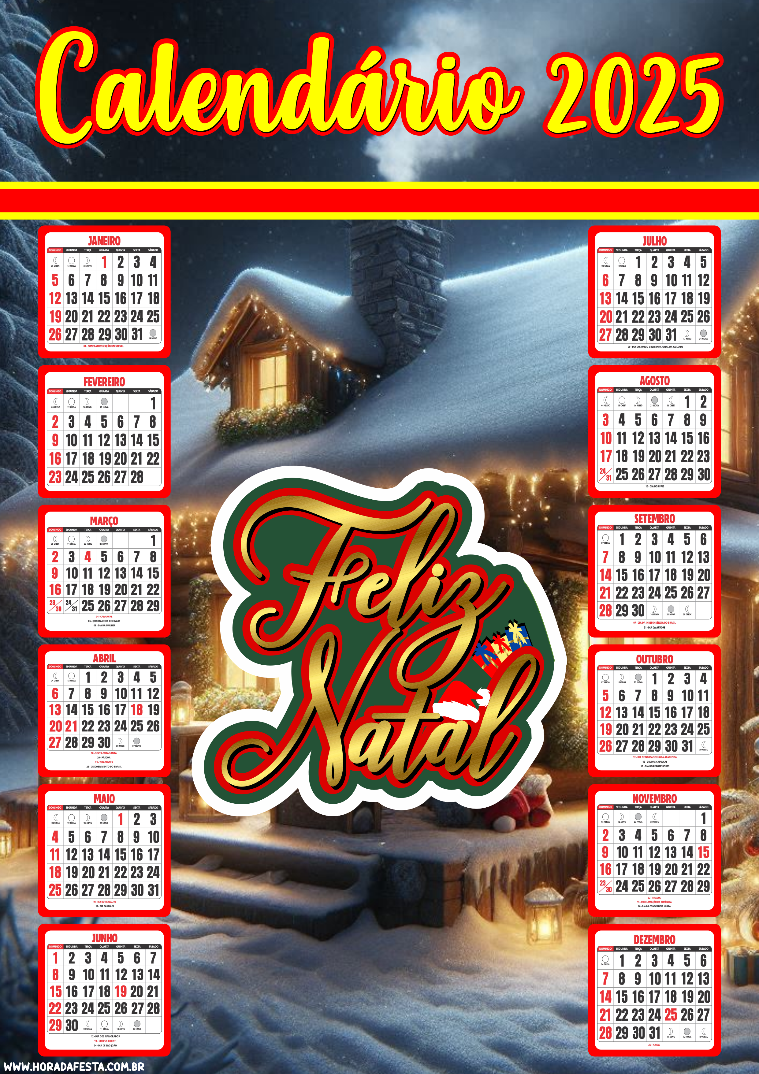 Calendário 2025 feliz natal pronto para imprimir noite feliz png