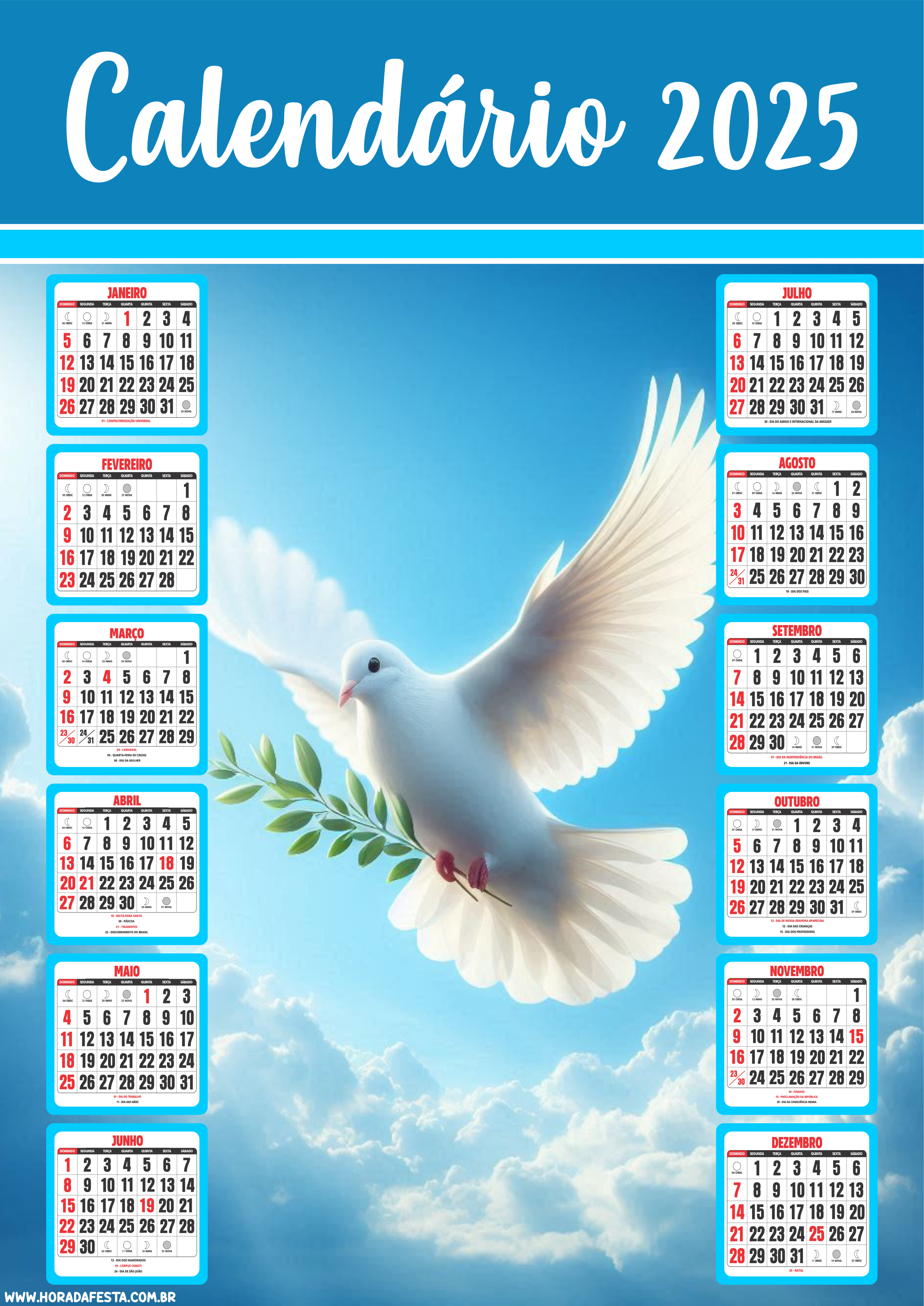 Calendário 2025 pronto para imprimir e personalizar pomba da paz papelaria criativa png