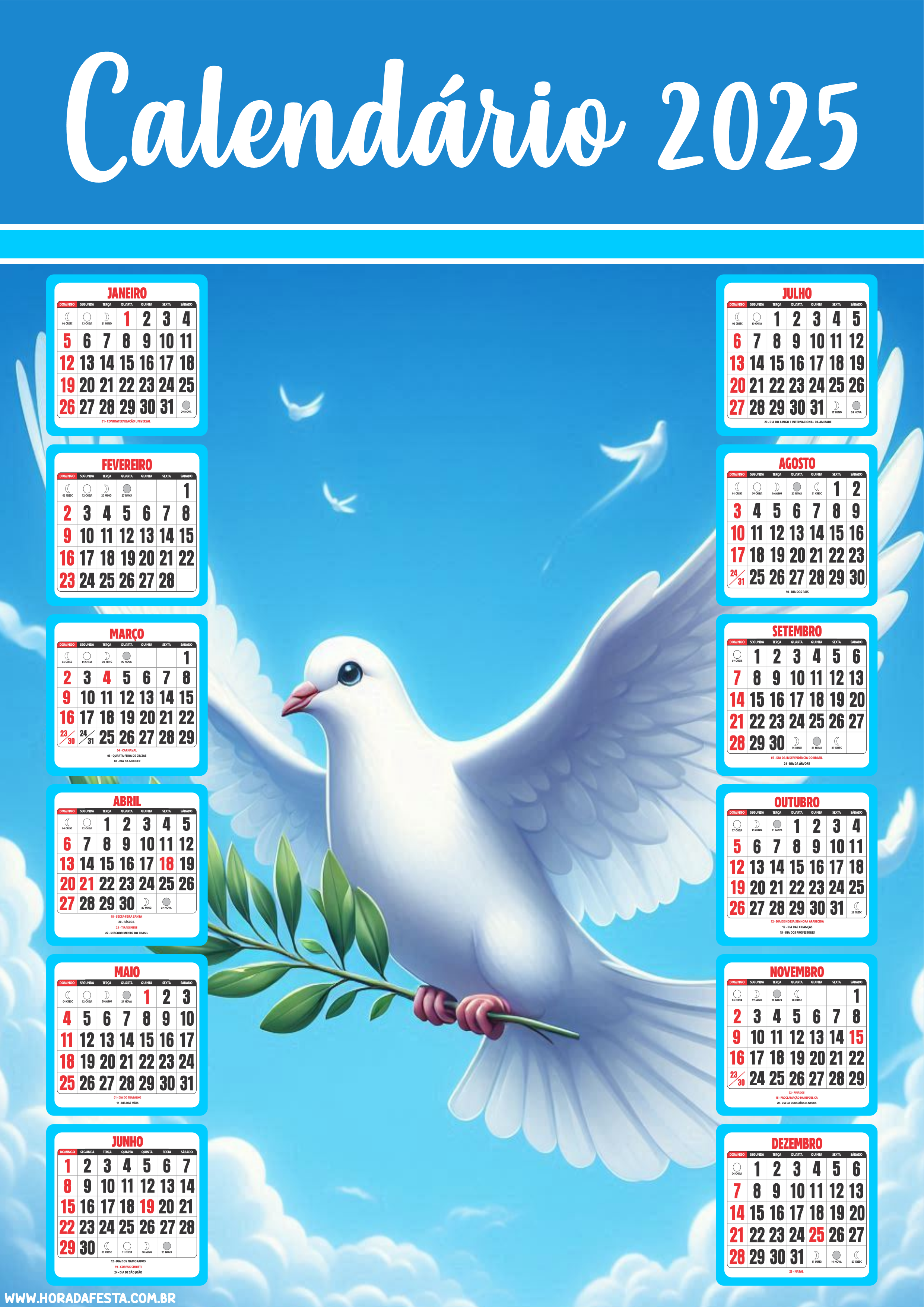 Calendário 2025 pronto para imprimir e personalizar pomba da paz papelaria criativa free download png