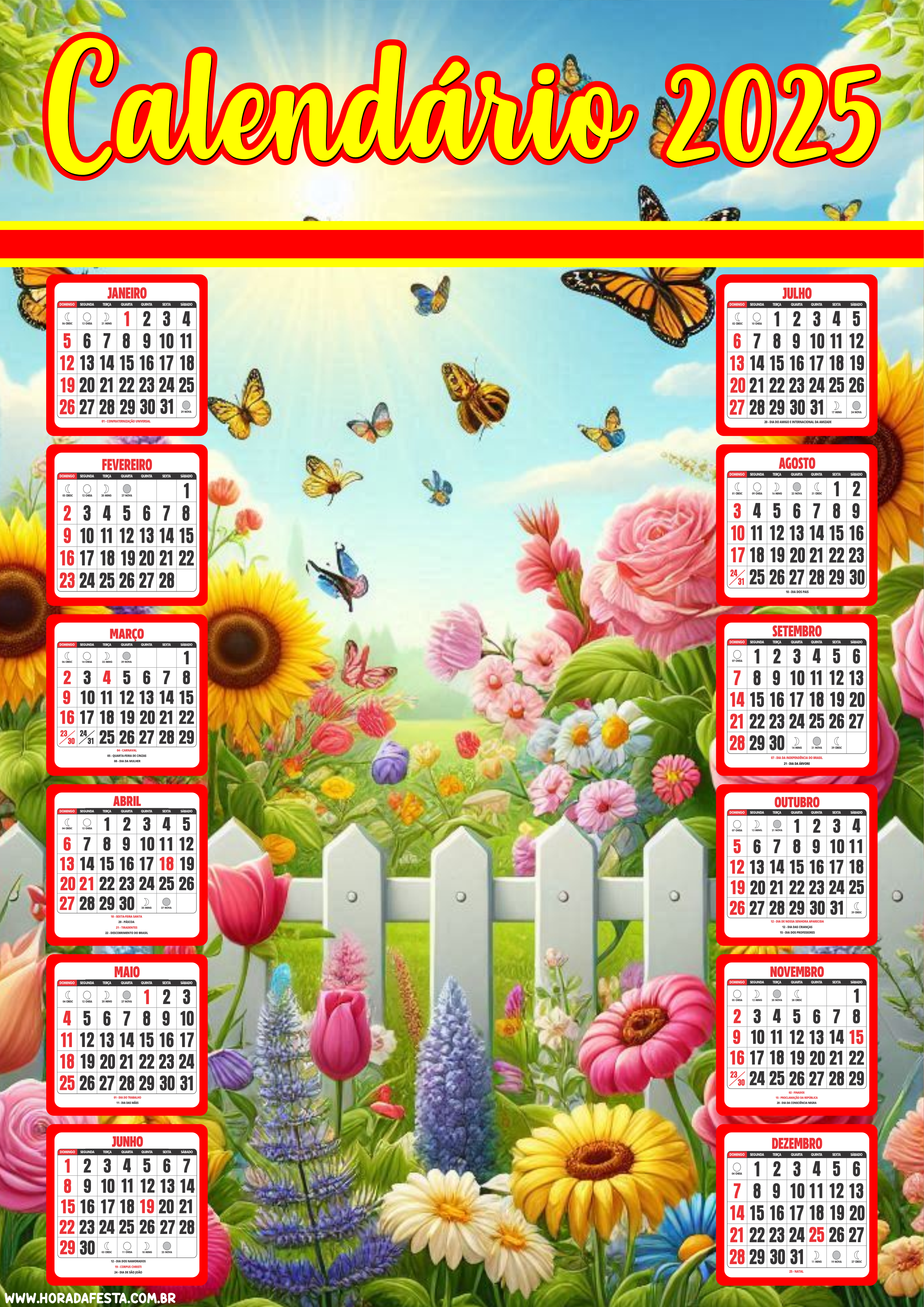 Calendário 2025 jardim florido com borboletas png