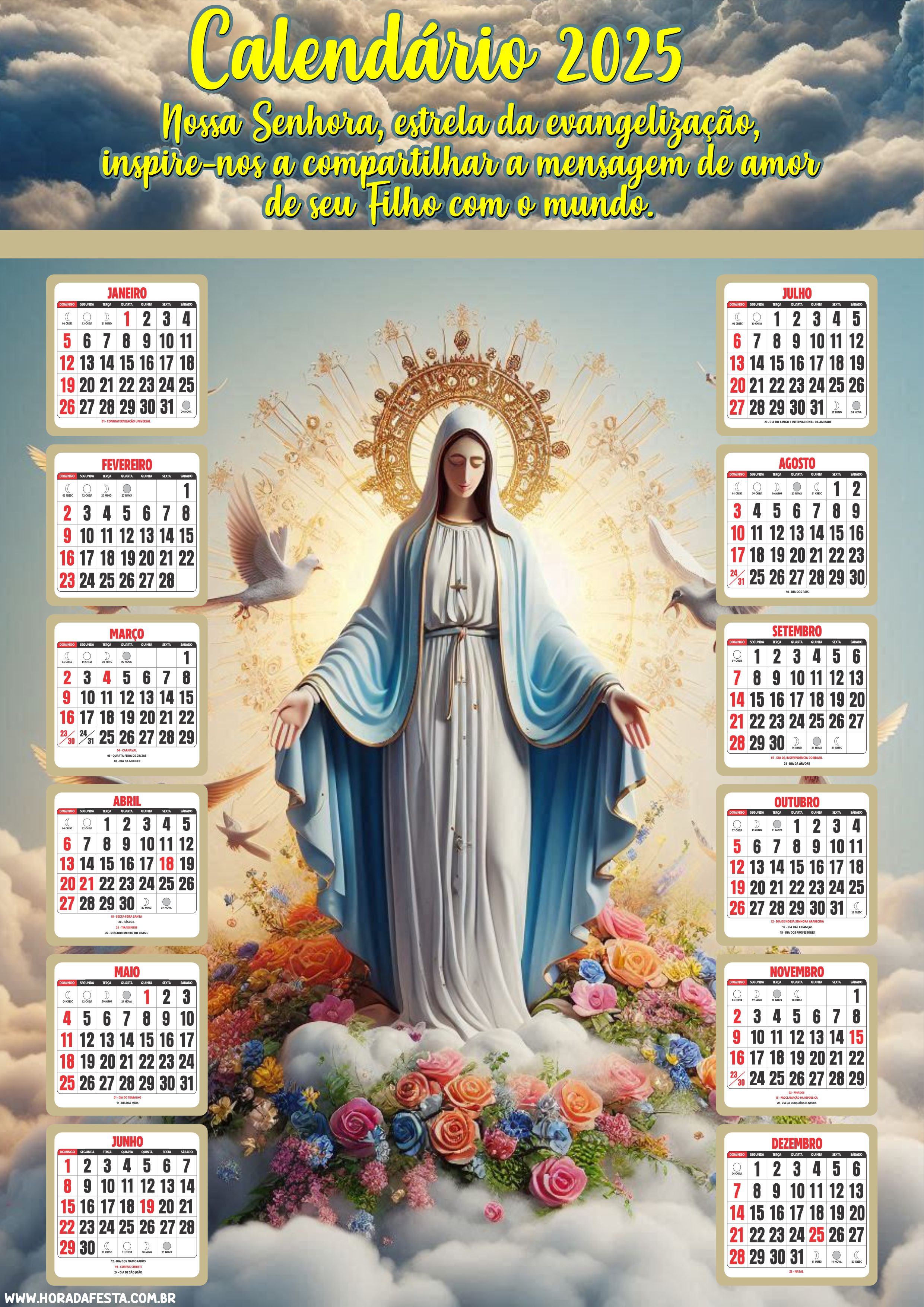 Calendário 2025 Nossa Senhora Santa Católica religioso pronto para imprimir png