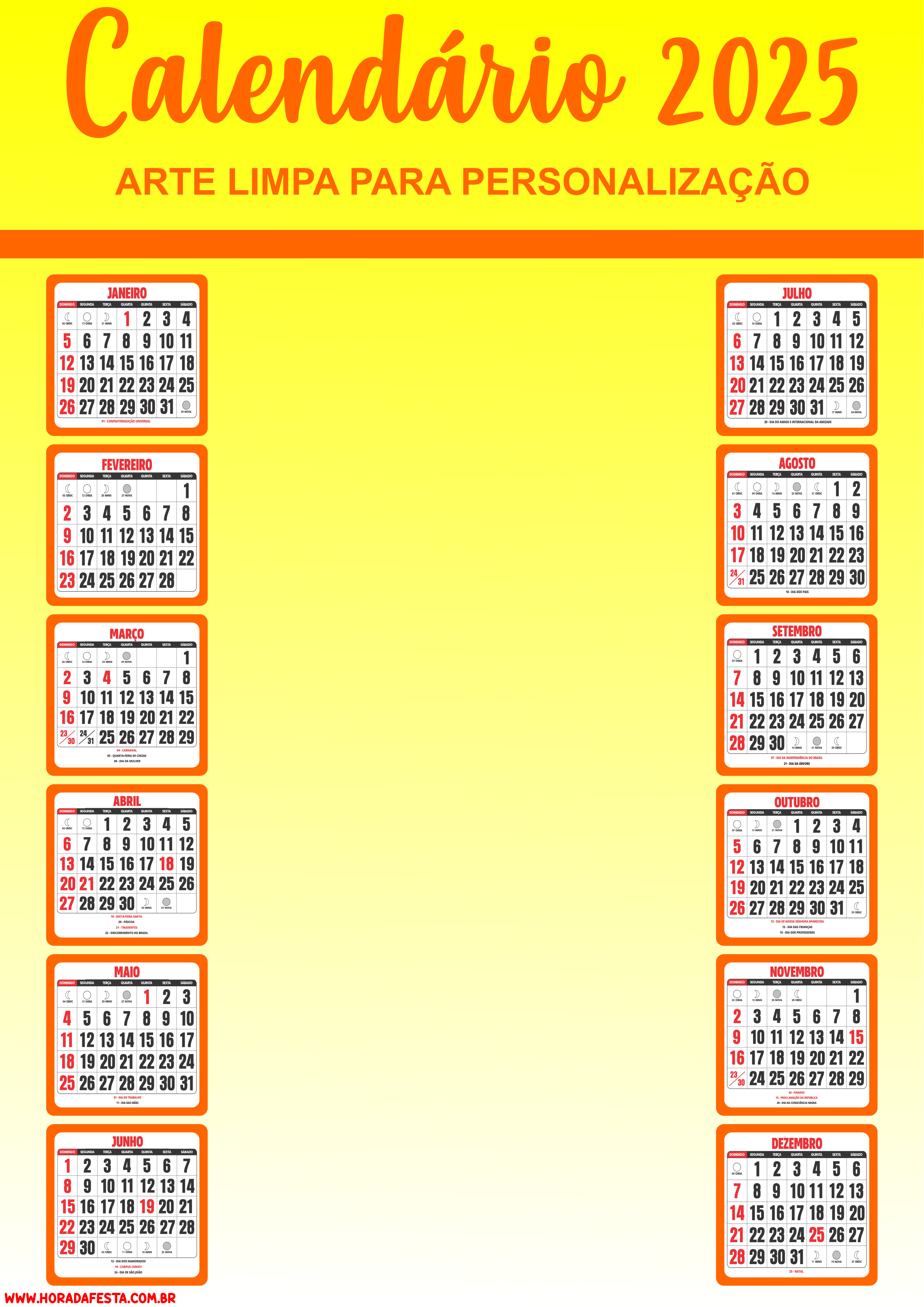 Calendário 2025 pronto para imprimir e personalizar amarelo png