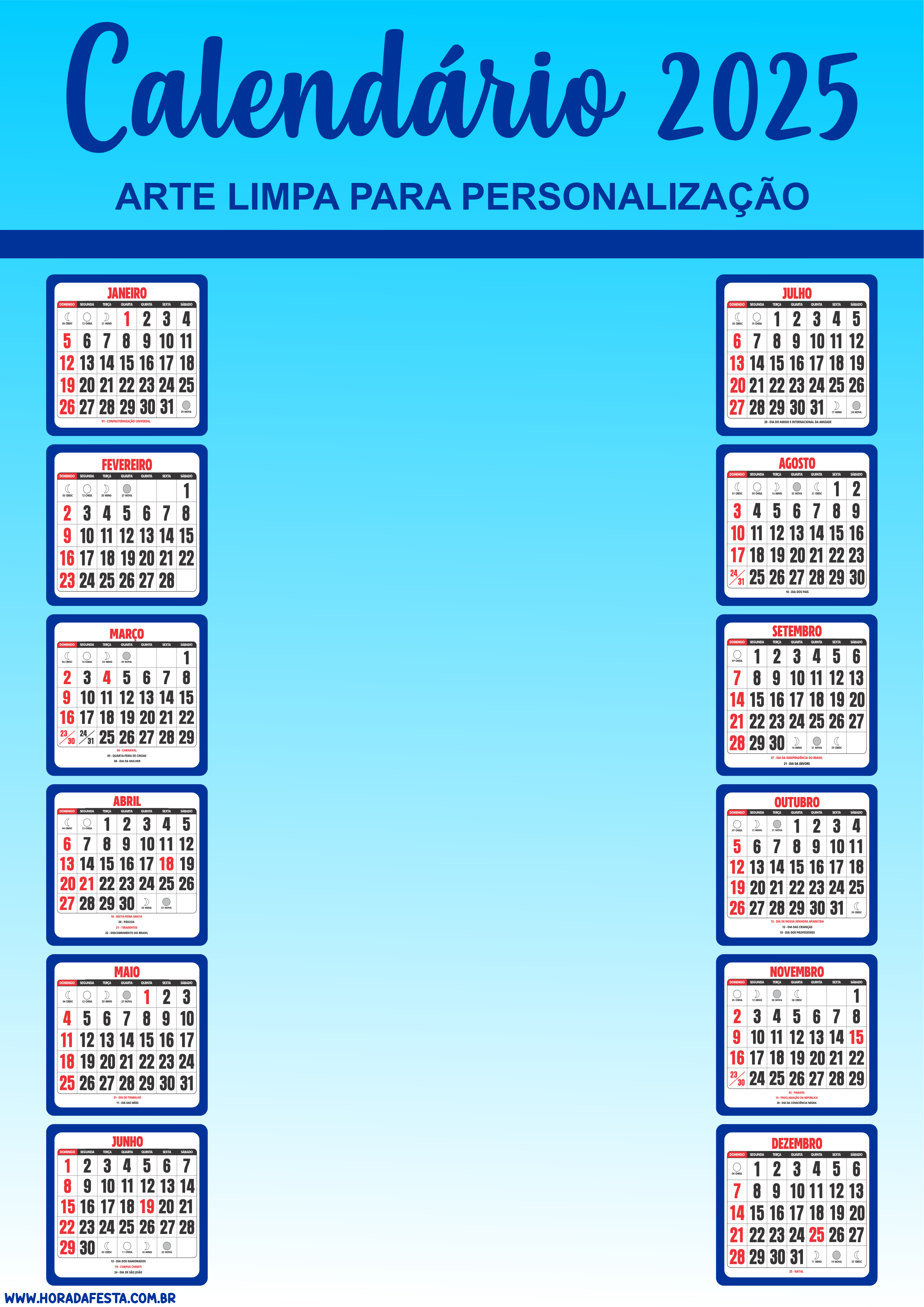 Calendário 2025 pronto para imprimir e personalizar azul png