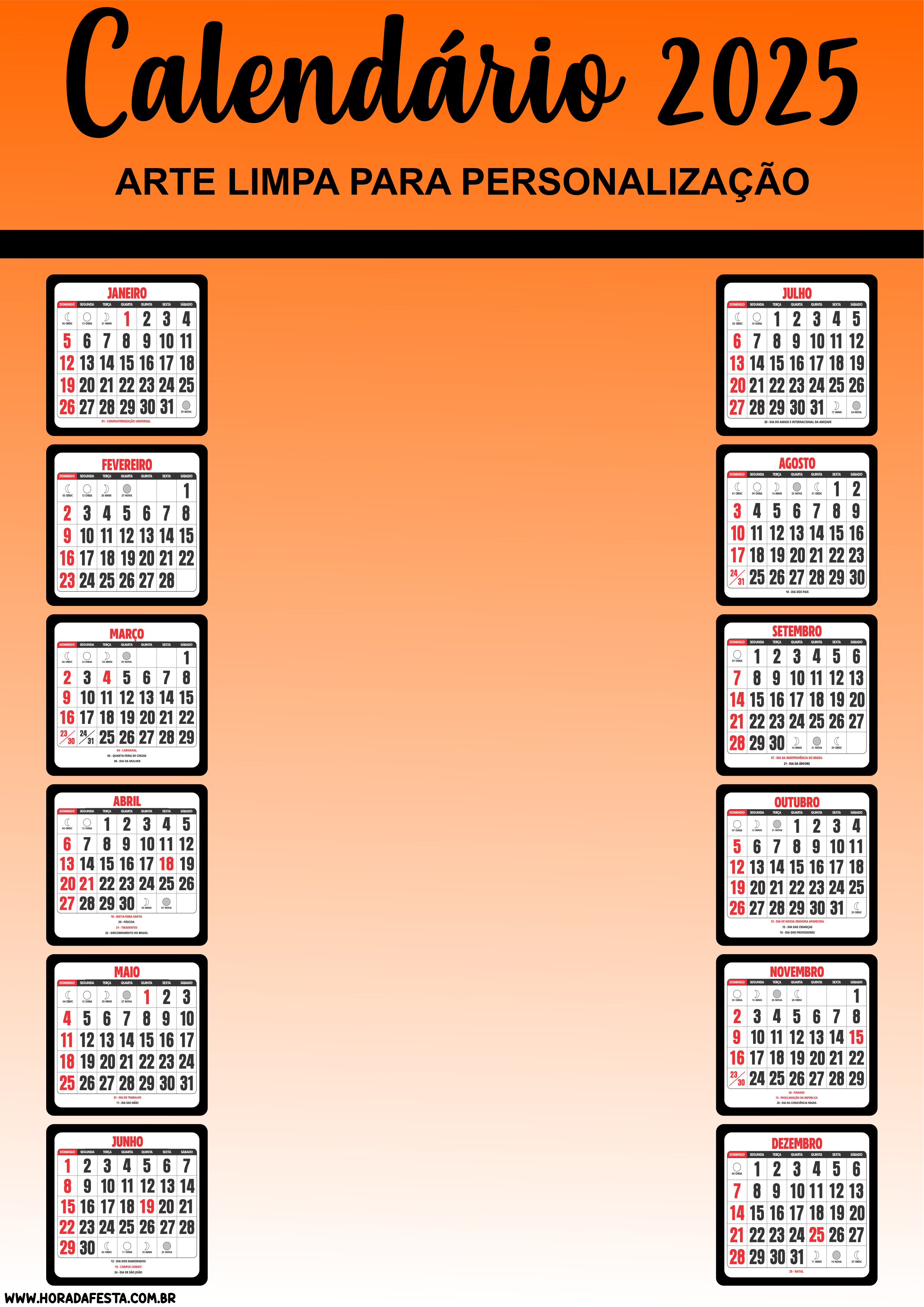 Calendário 2025 pronto para imprimir e personalizar laranja png