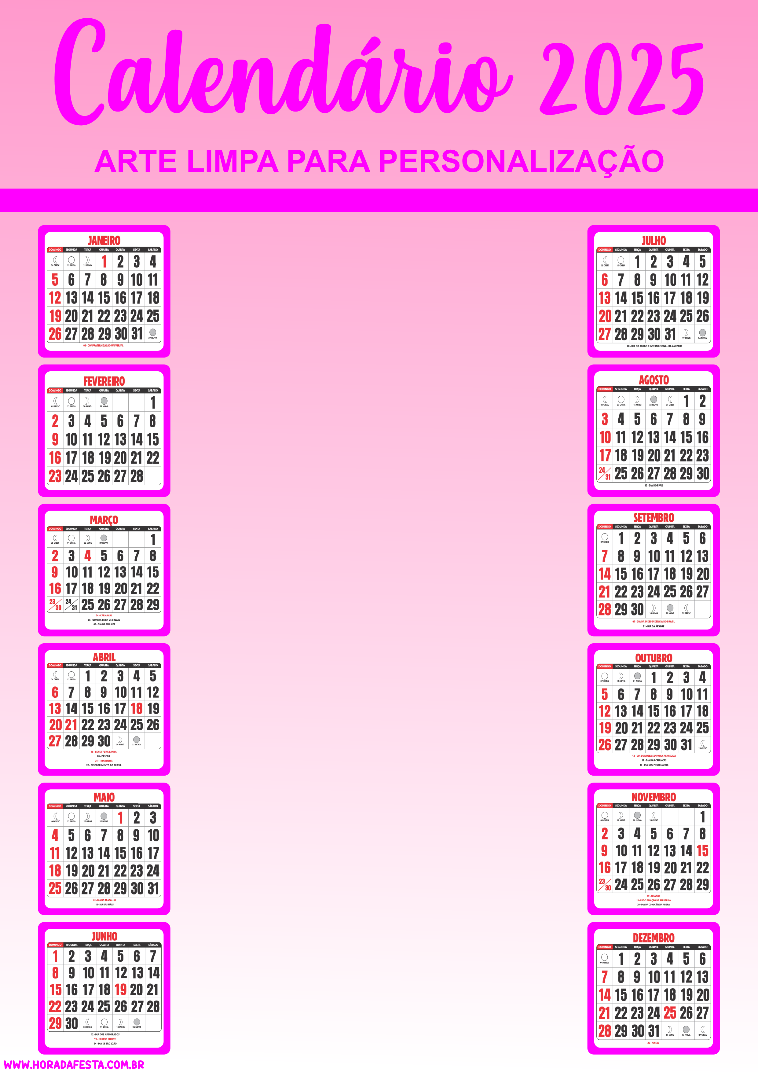 Calendário 2025 pronto para imprimir e personalizar rosa png