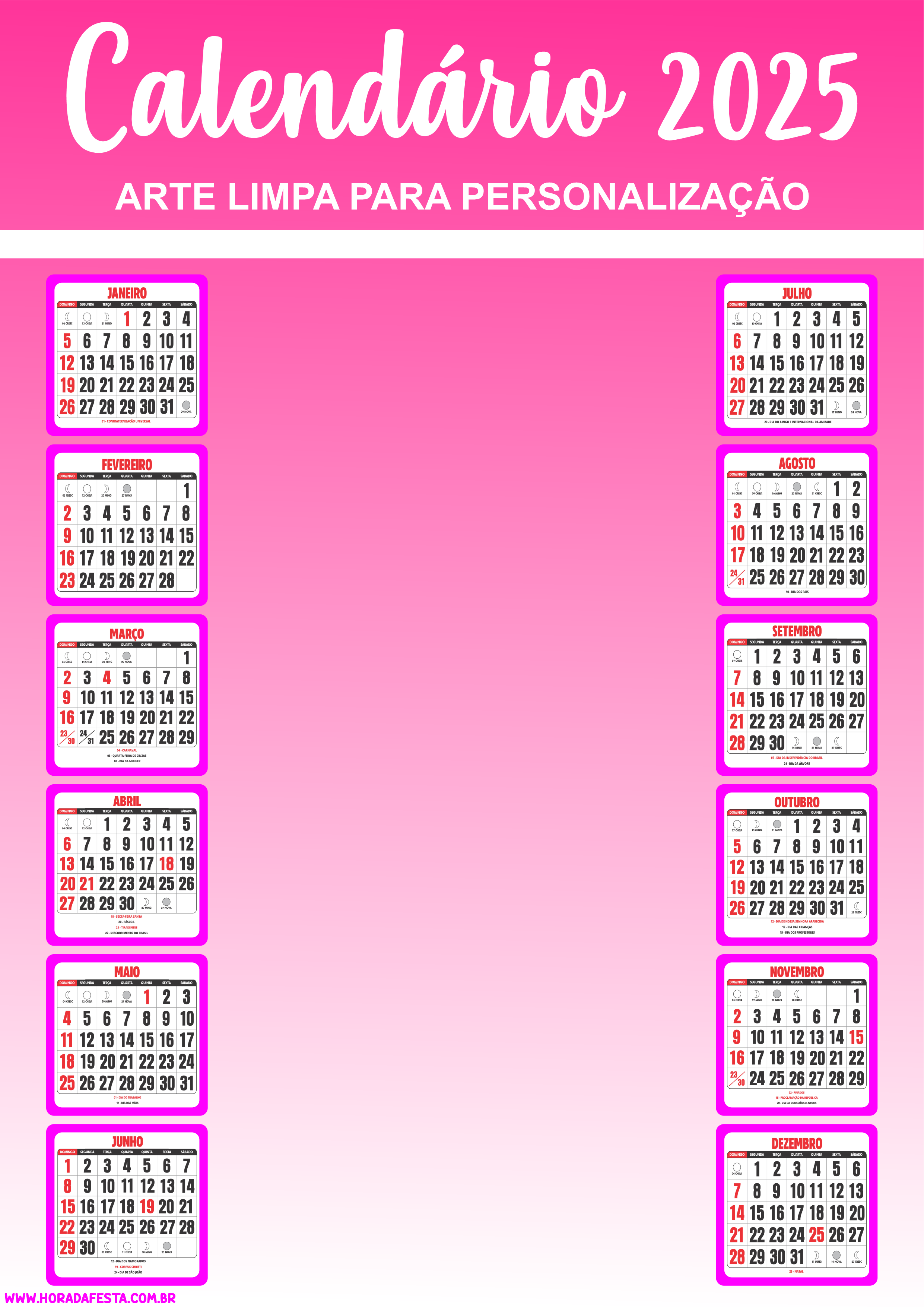 Calendário 2025 pronto para imprimir e personalizar rosa suave png