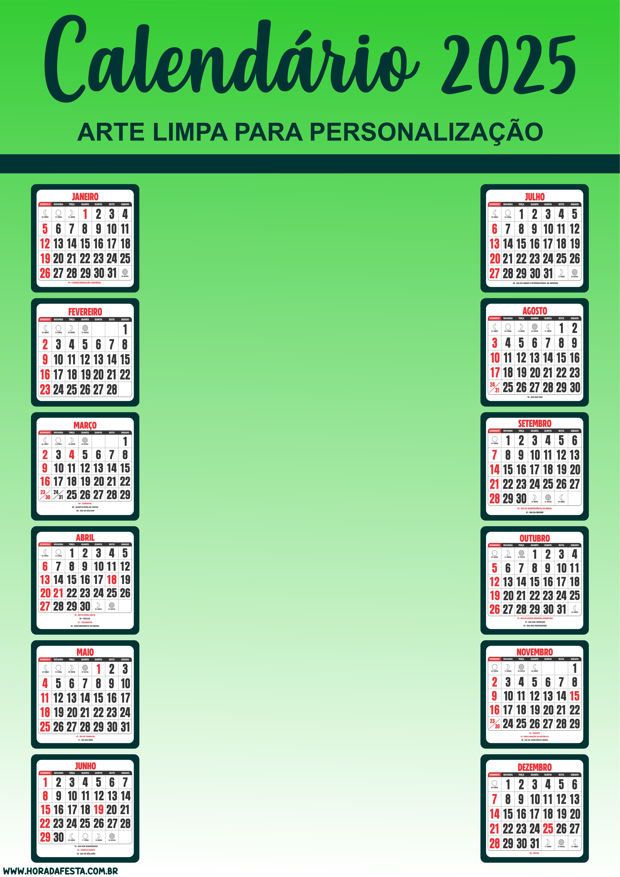 Calendário 2025 pronto para imprimir e personalizar verde png