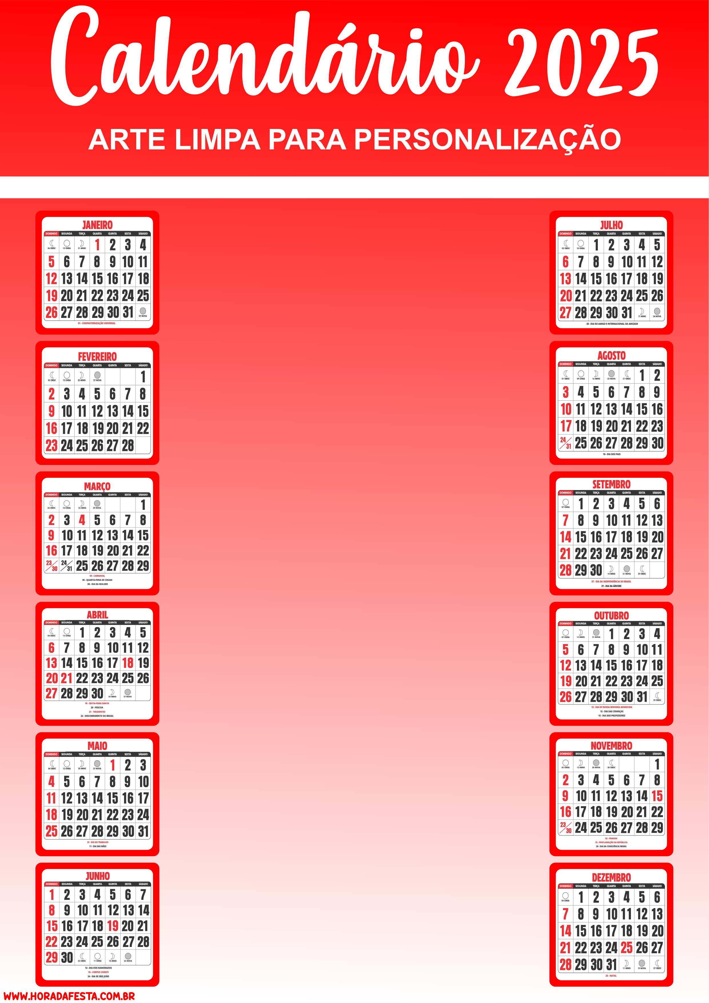 Calendário 2025 pronto para imprimir e personalizar vermelho png