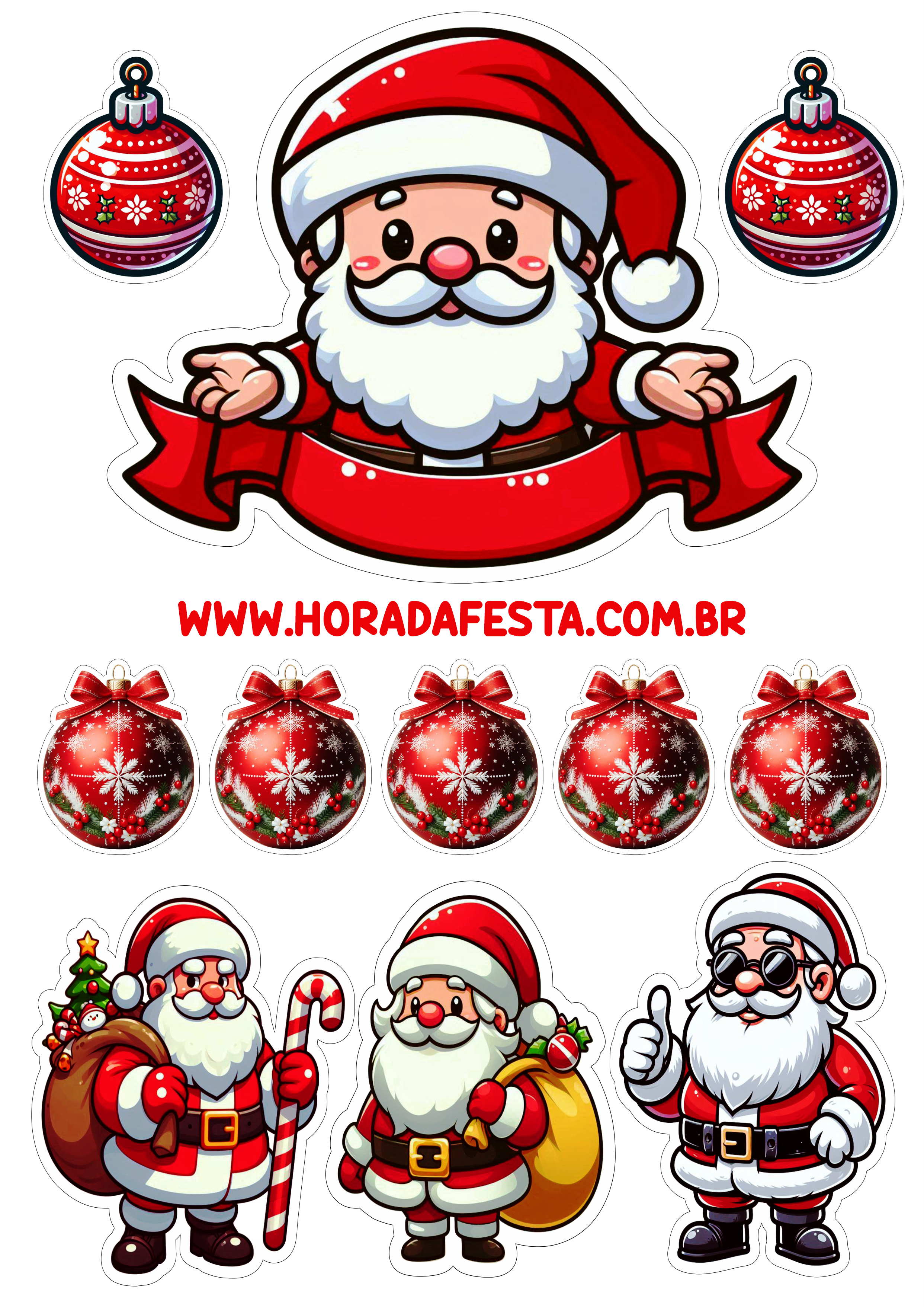 Topo de bolo para imprimir Natal Papai Noel festa infantil rena bolinhas decorativas png