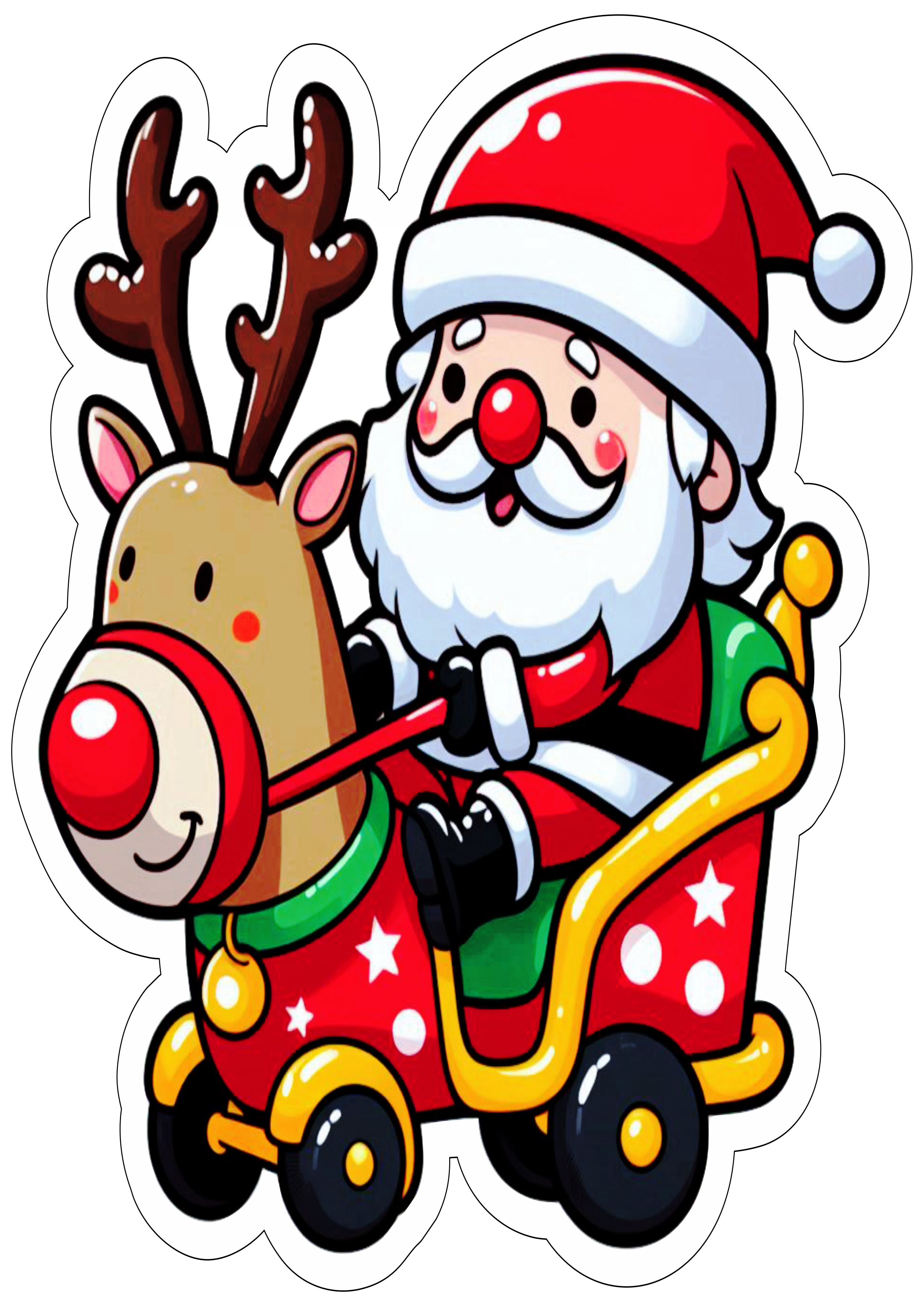 Papai Noel montado na rena desenho fofinho imagem com contorno para recorte png