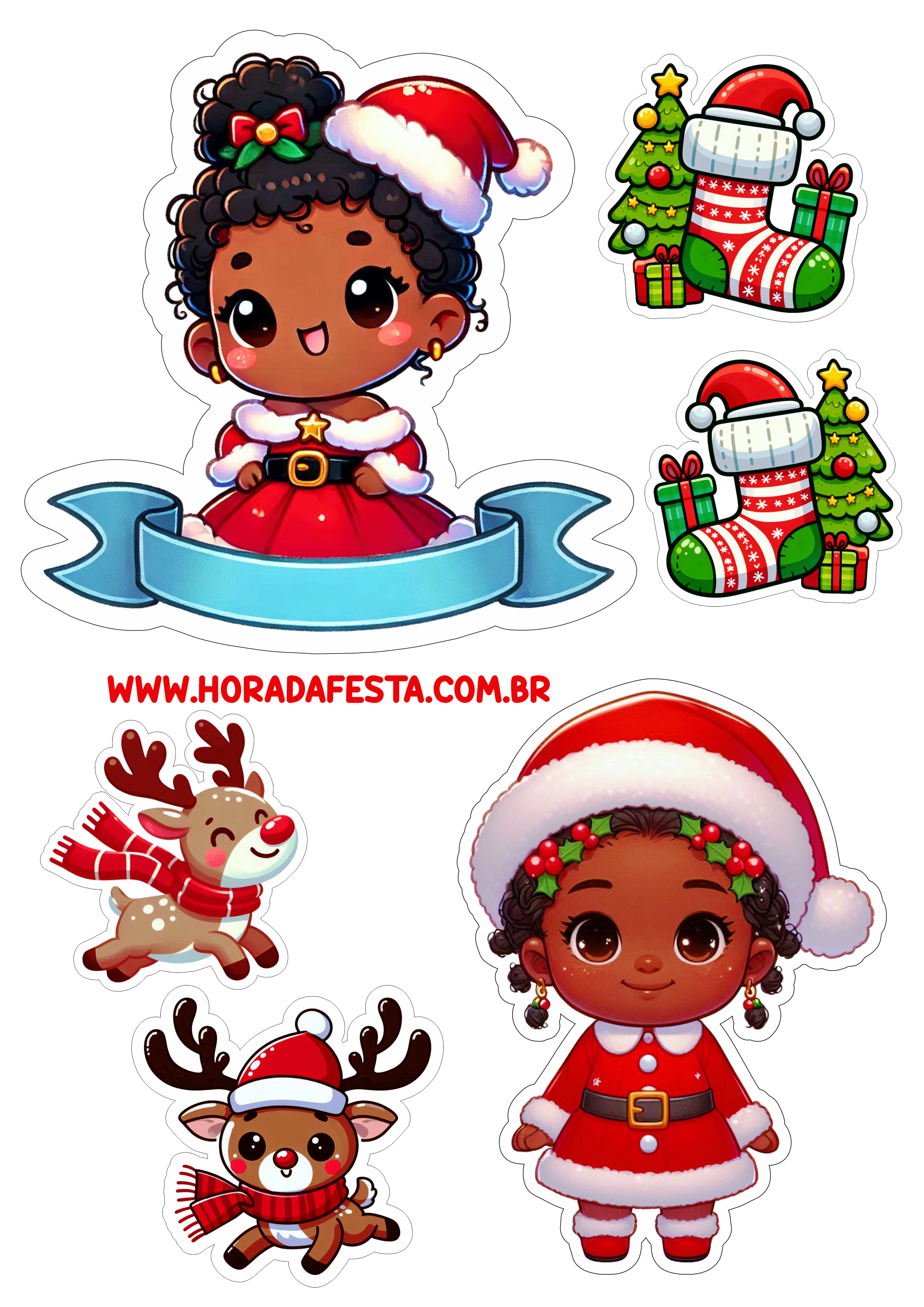 Topo de bolo para imprimir menina moreninha com roupinha de natal pronto para imprimir artes fofinhas renas png