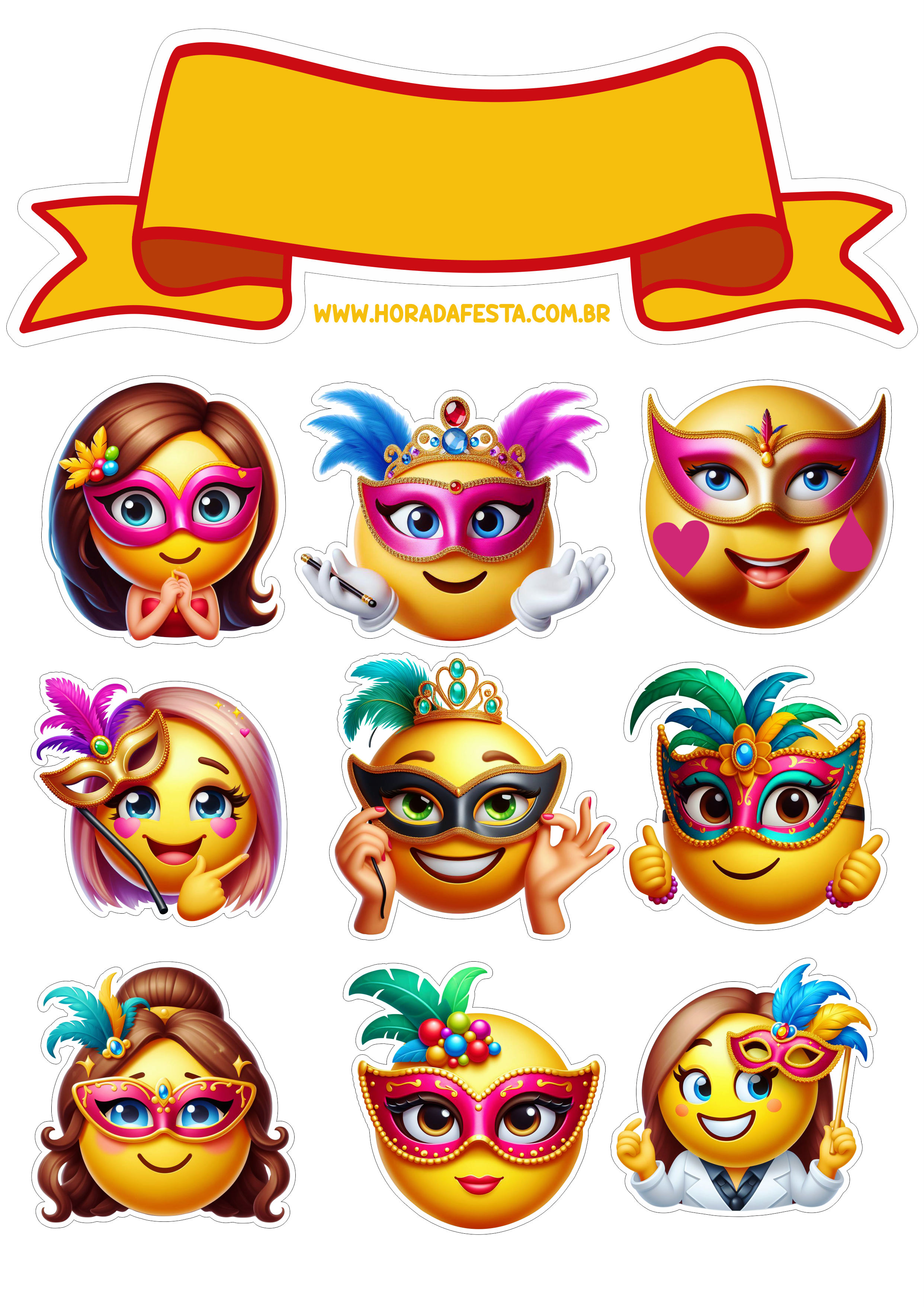 Topo de bolo carnaval emojis decoração de aniversário para imprimir png