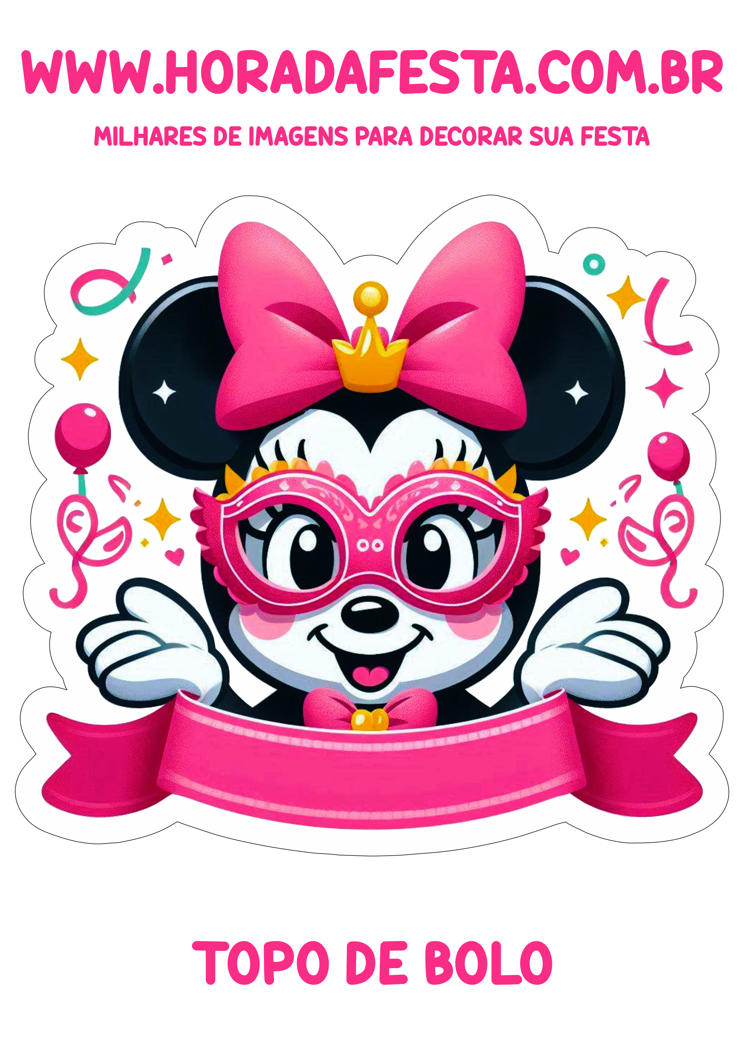 Carnaval Disney Minnie Mouse aniversário infantil topo de bolo para imprimir e decorar sua festa papelaria criativa png