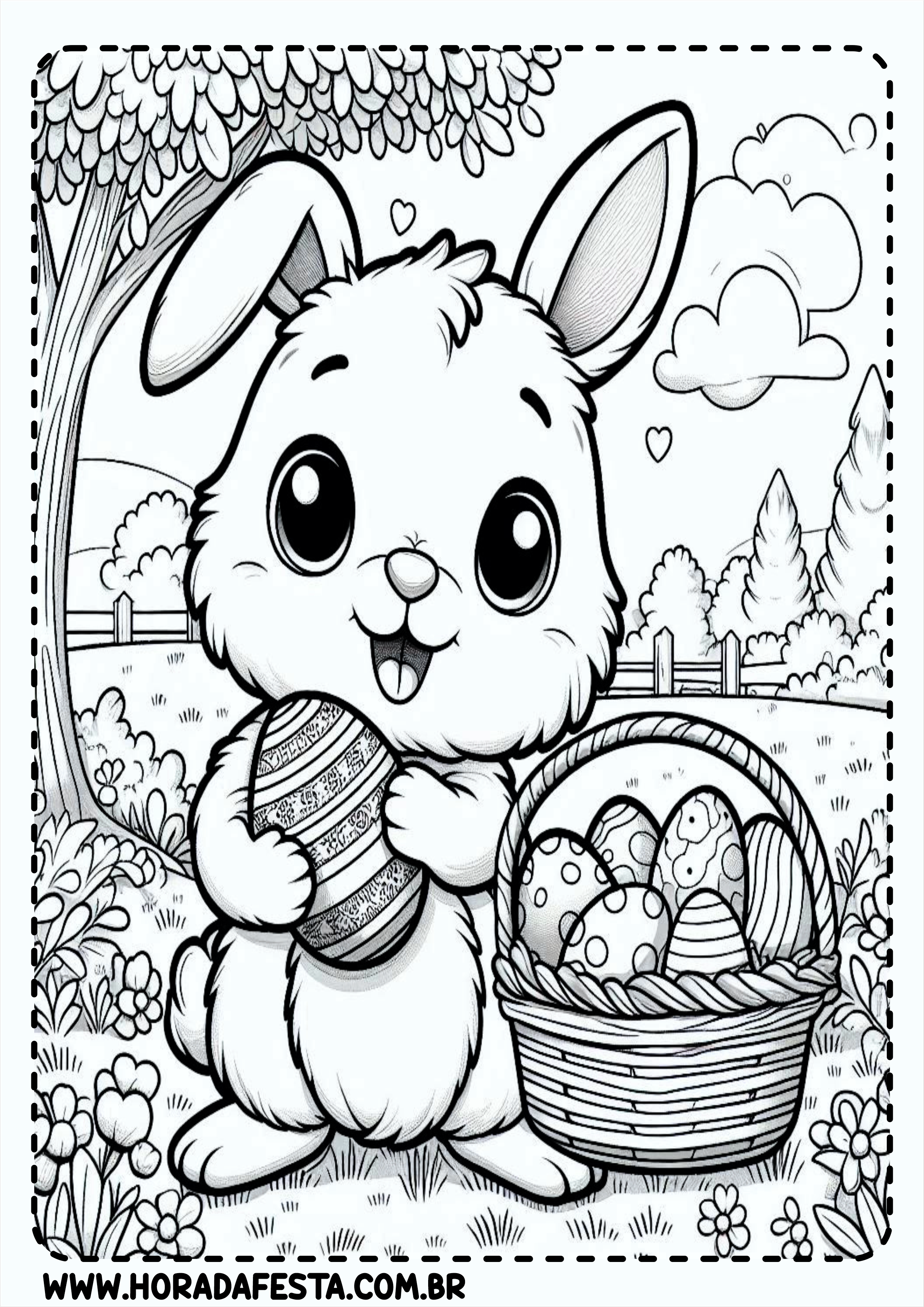 Desenhos para colorir coelhinho da páscoa na floresta com cesta de ovos de chocolate atividades escolares para crianças imprimir png