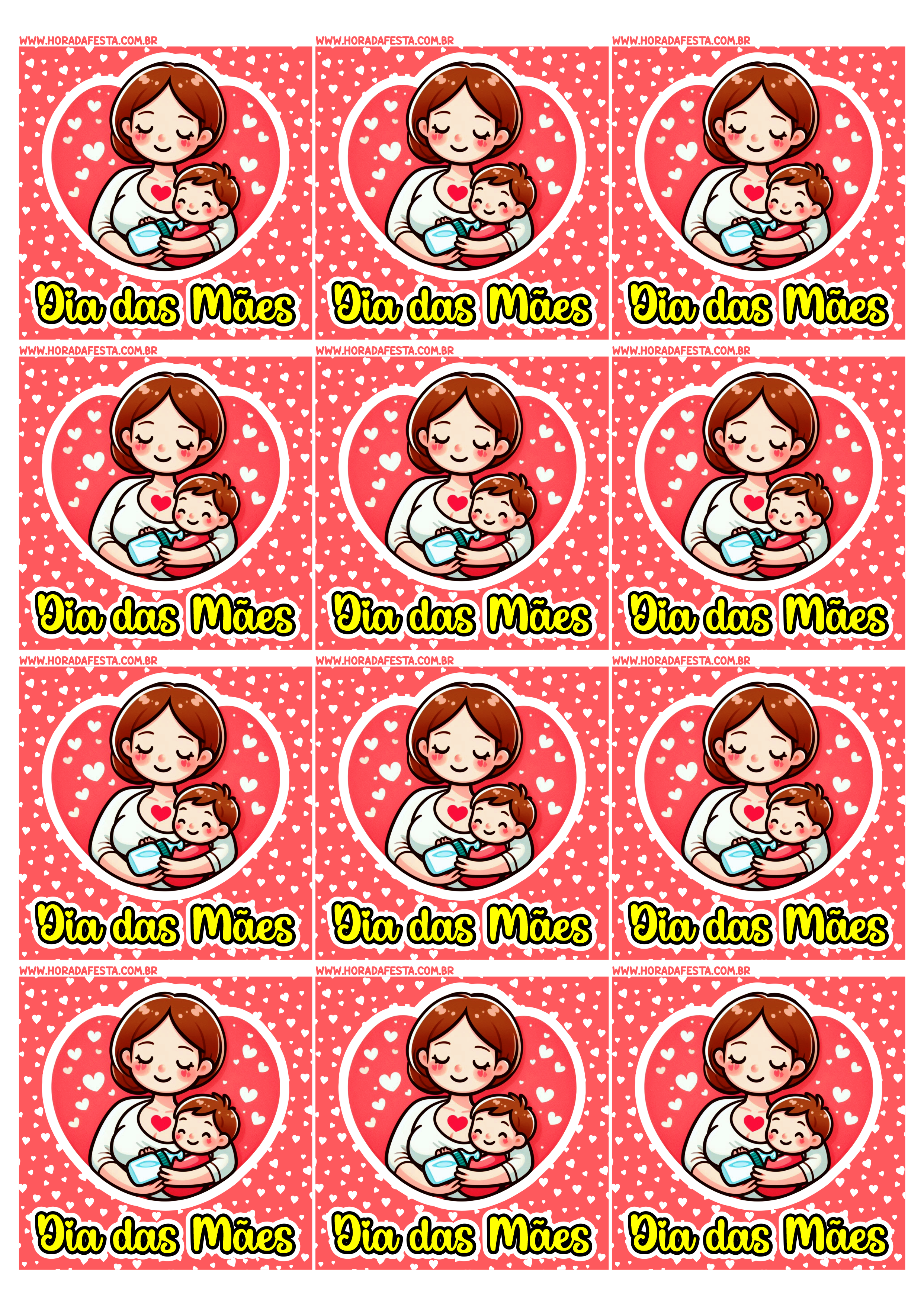 Dia das mães decoração adesivo quadrado mãe e filha para imprimir vermelho com corações imagens personalizadas 12 imagens png