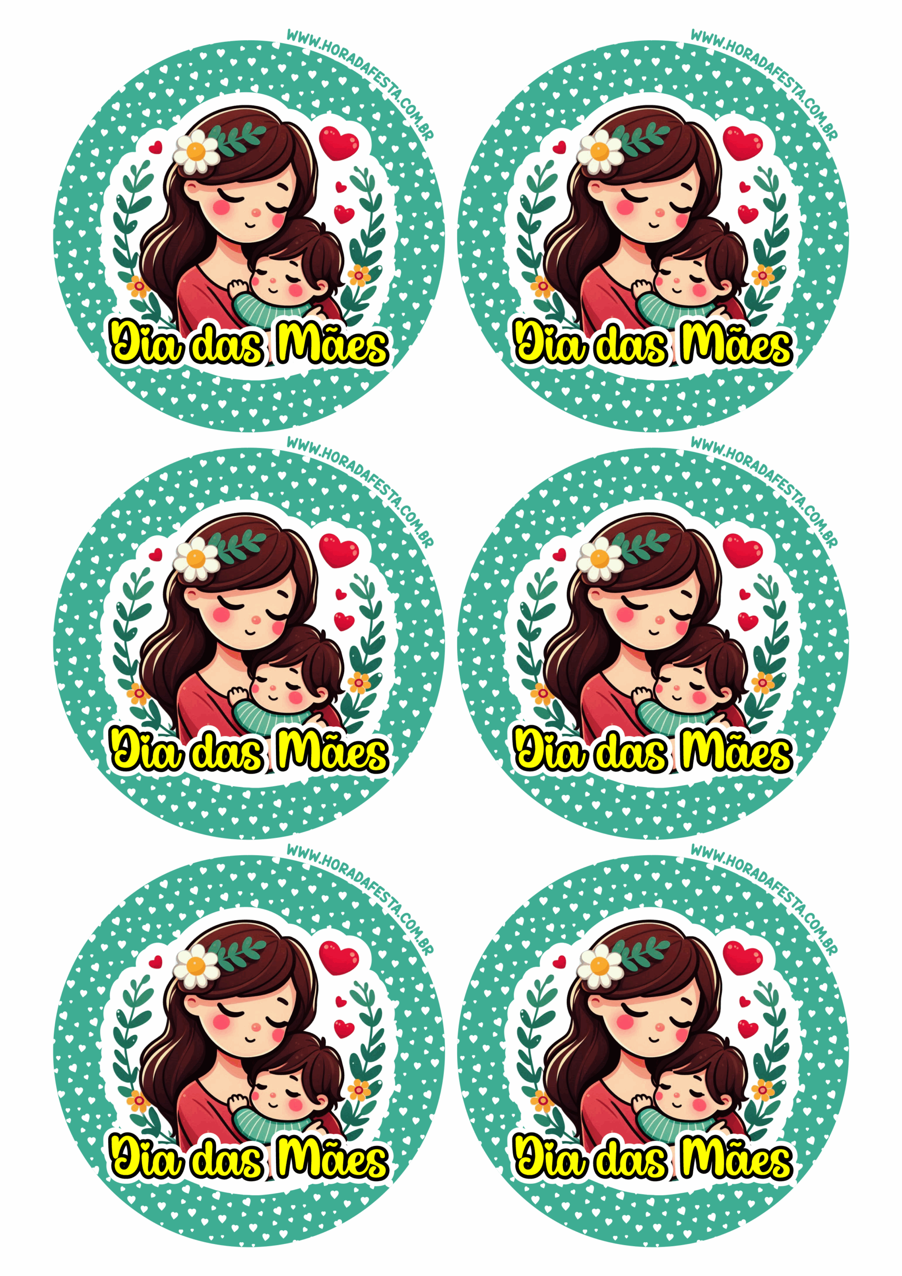 Dia das mães decoração fofinha adesivo redondo para imprimir mãe e filho tag round sticker verde green free download 6 imagens png