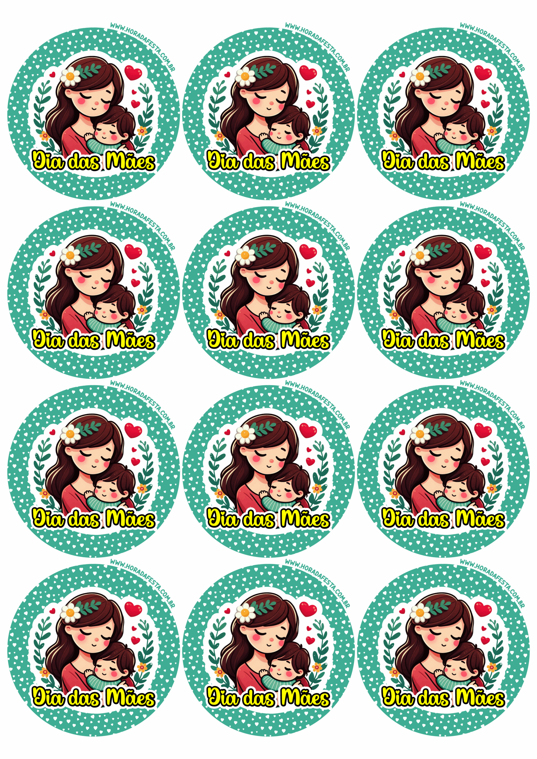 Dia das mães decoração fofinha adesivo redondo para imprimir mãe e filho tag round sticker verde green free download 12 imagens png