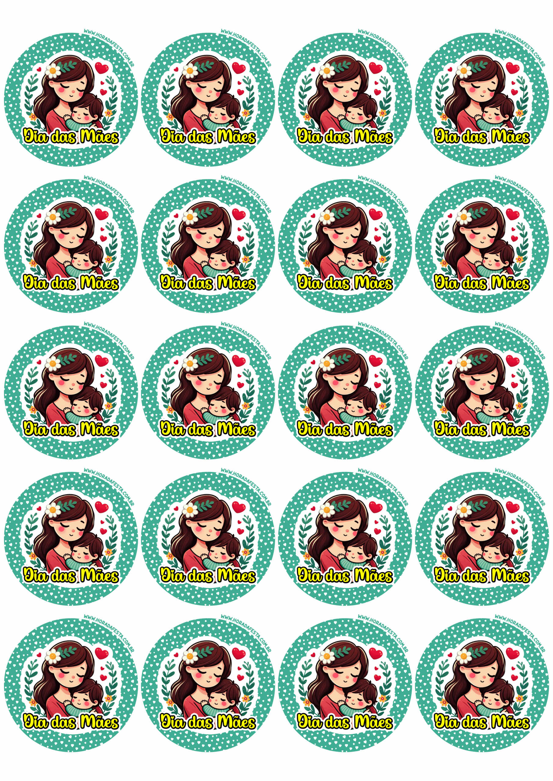 Dia das mães decoração fofinha adesivo redondo para imprimir mãe e filho tag round sticker verde green free download 20 imagens png