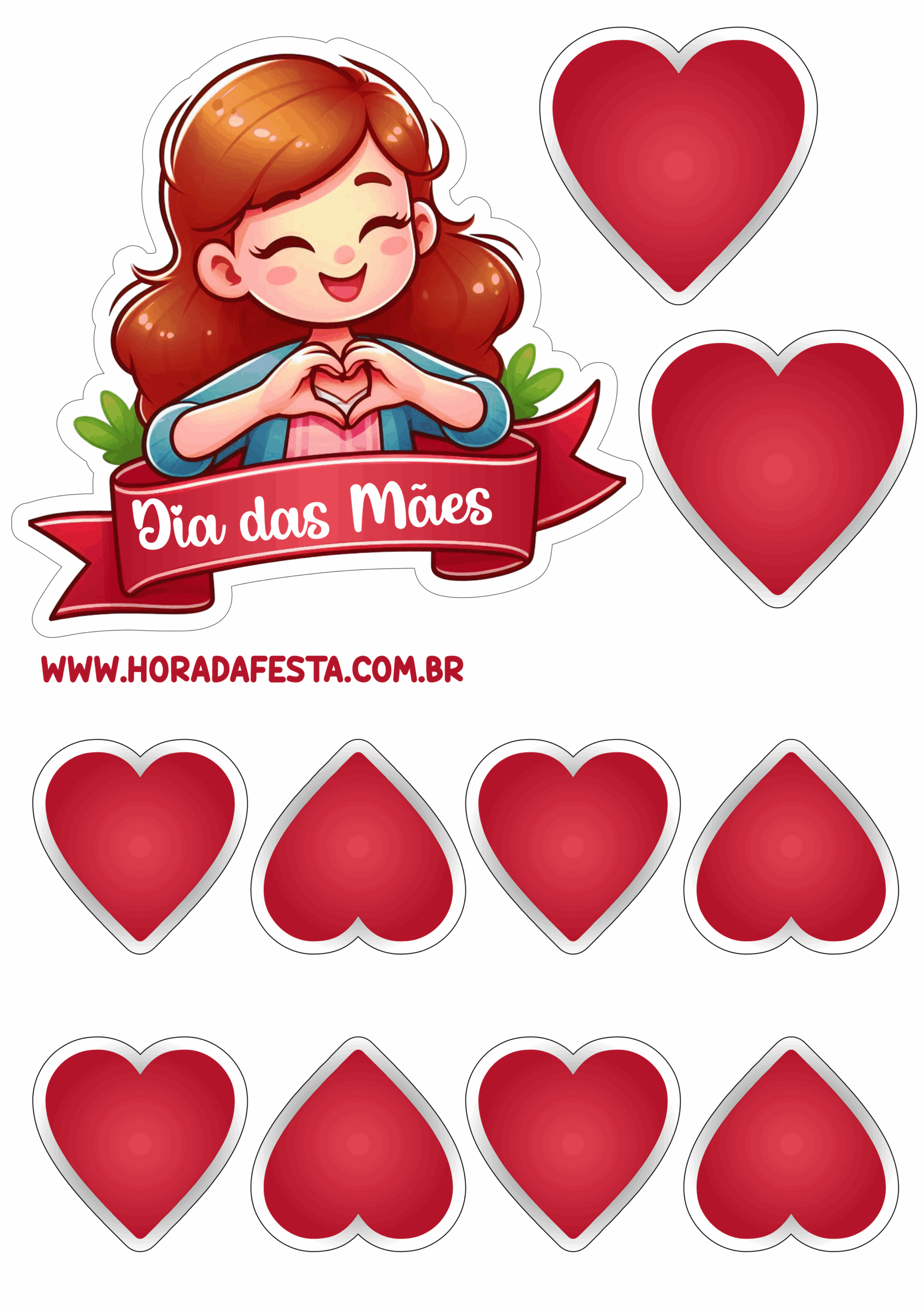 Dia das mães topo de bolo vermelho decoração com corações decoração free png