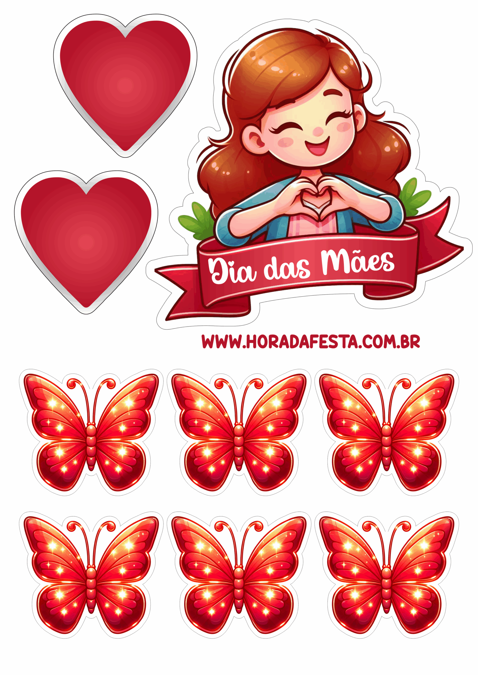 Dia das mães topo de bolo vermelho decoração com corações e borboletas decoração free png