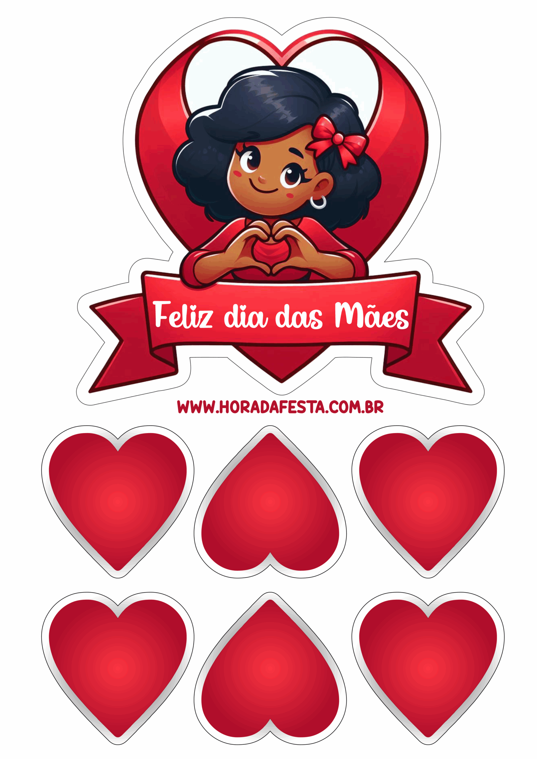 Dia das mães topo de bolo vermelho decoração com corações decoração papelaria criativa png