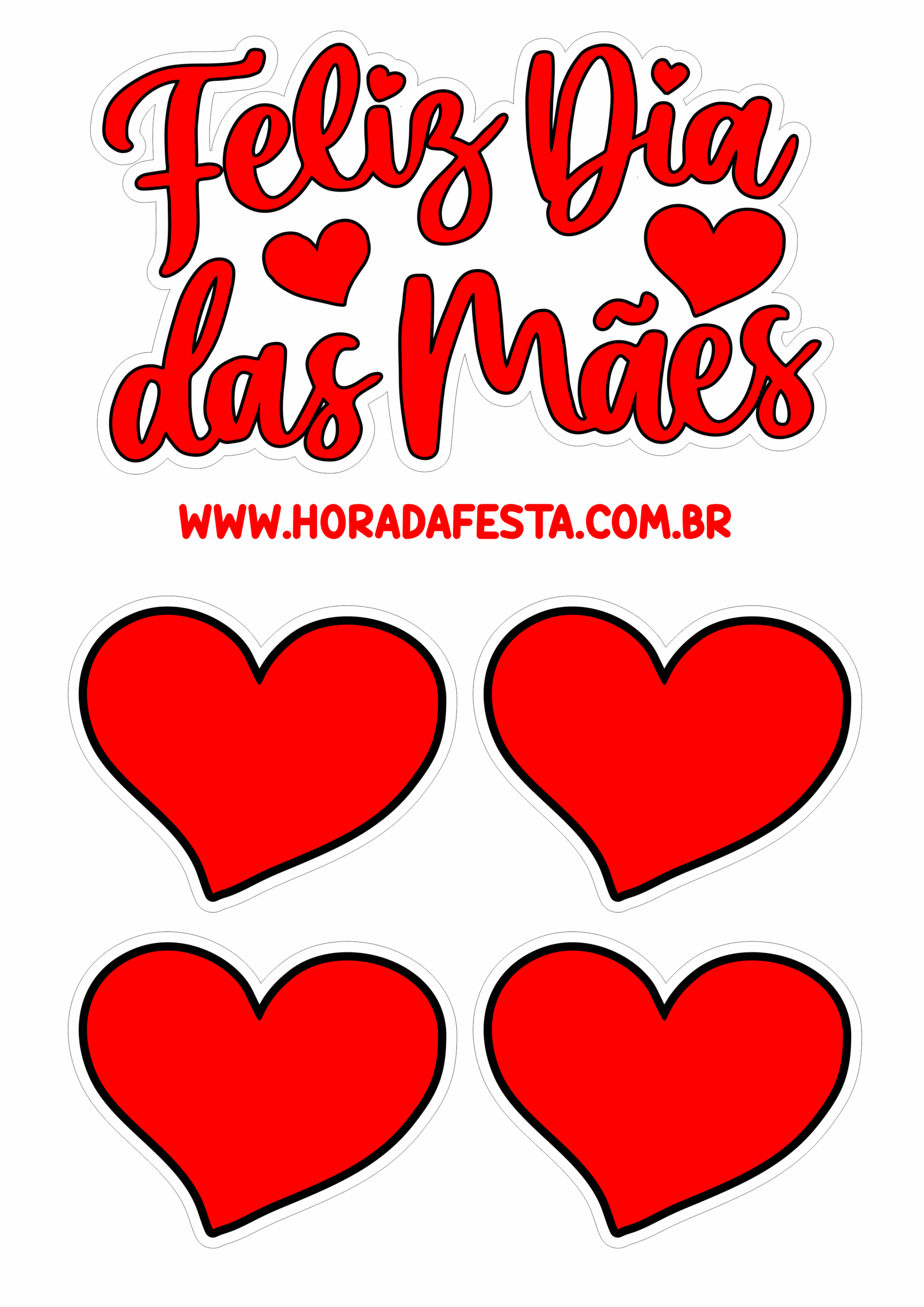 Feliz dia das mães topo de bolo vermelho com corações png