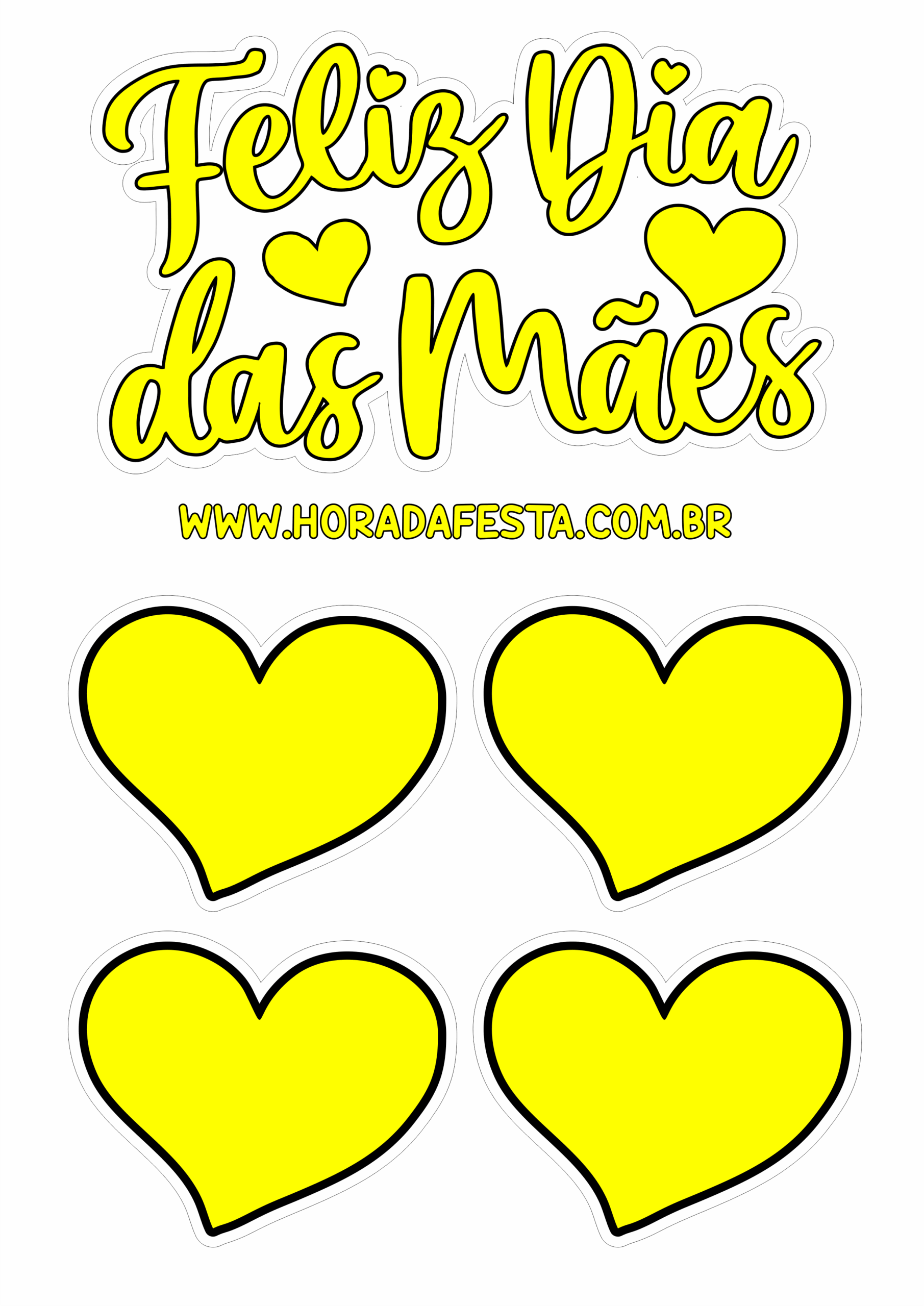Feliz dia das mães topo de bolo amarelo com corações png