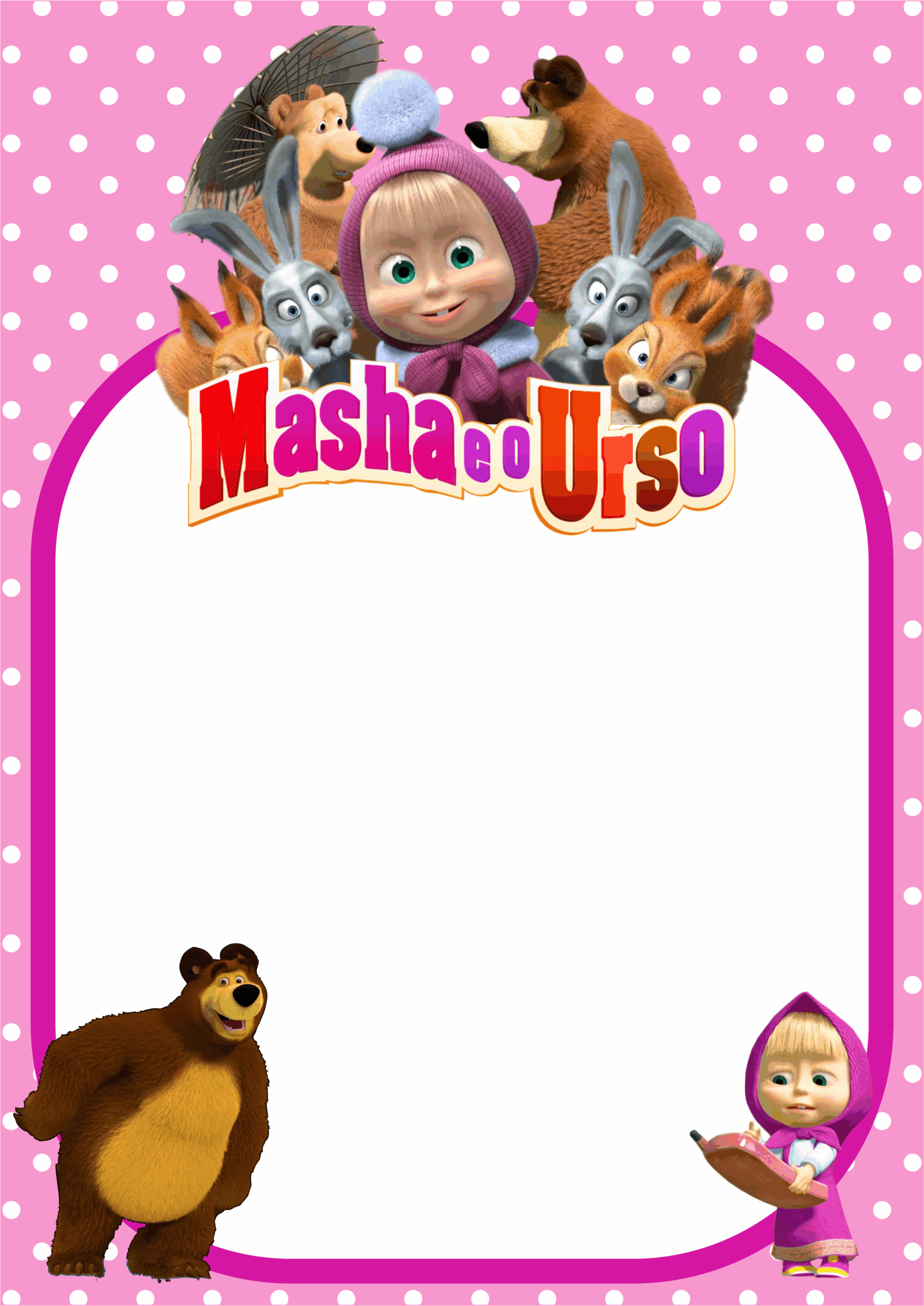 Convite de aniversário Masha e o Urso molde limpo para personalização png