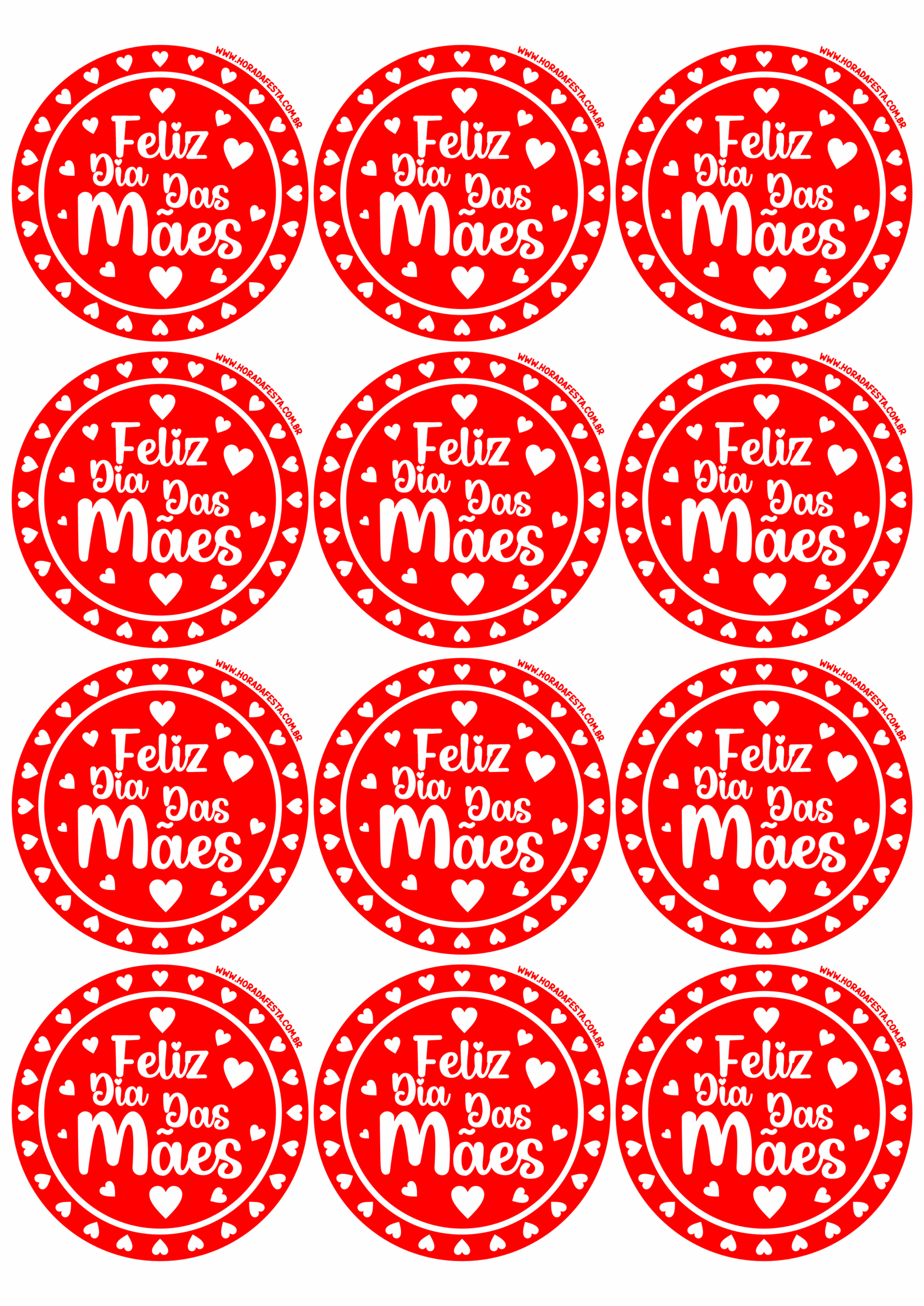 Feliz dia das mães arte para adesivo personalizado vermelho com corações pronto para imprimir 12 imagens png