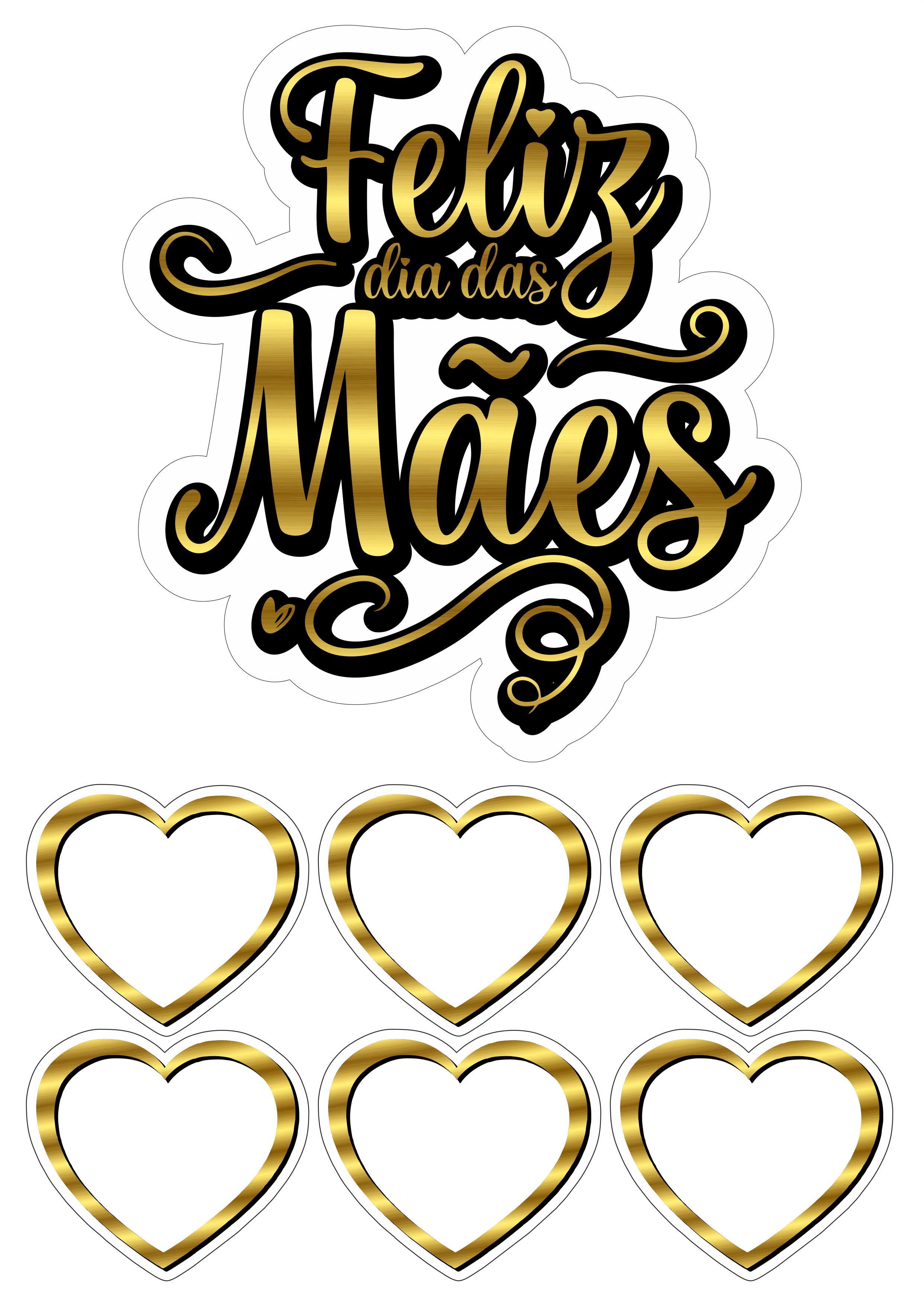 Feliz dia das mães topo de bolo dourado com corações faça a sua festa personalizada png