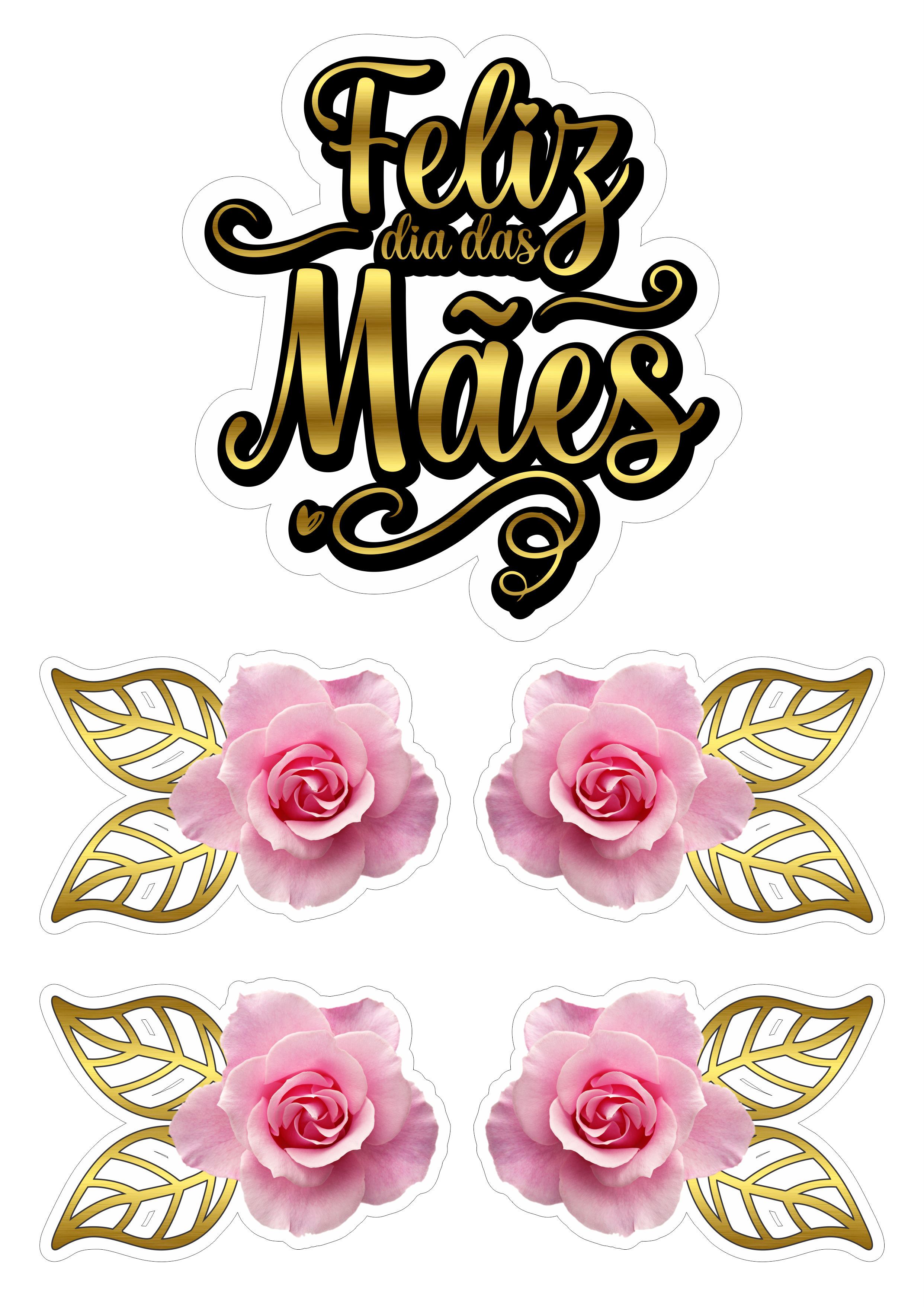 Feliz dia das mães topo de bolo dourado com corações faça a sua festa personalizada flores rosa png