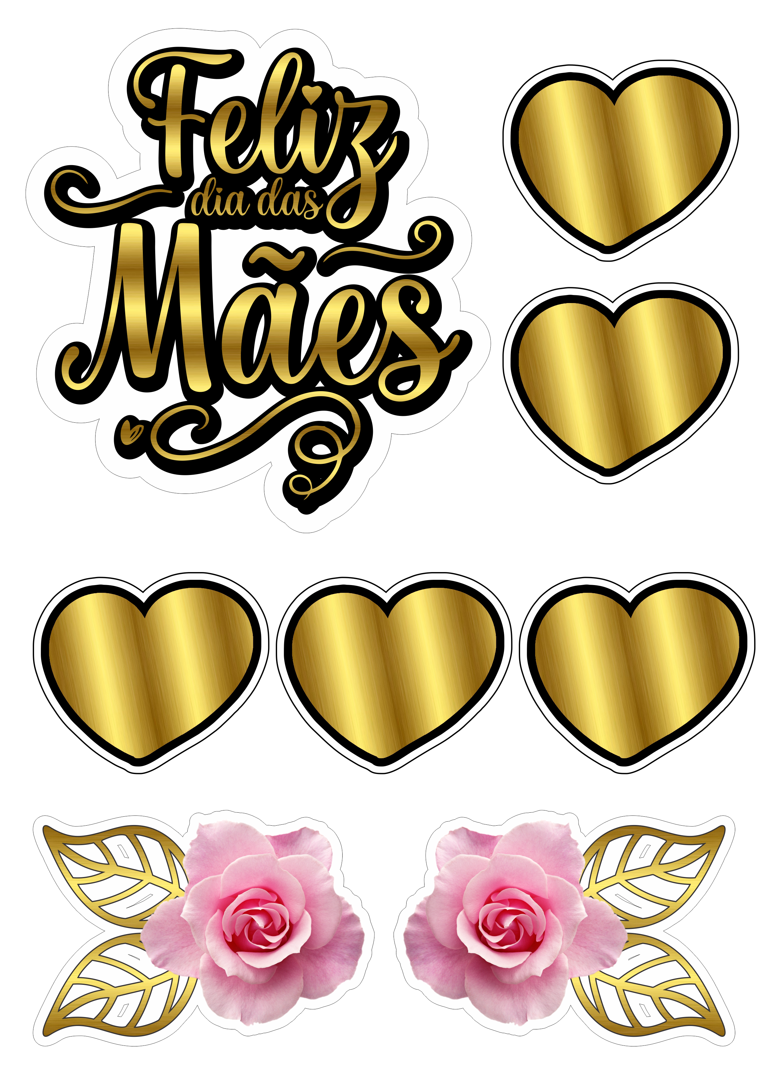 Feliz dia das mães topo de bolo dourado com corações faça a sua festa personalizada flores rosa arquivos de papelaria png