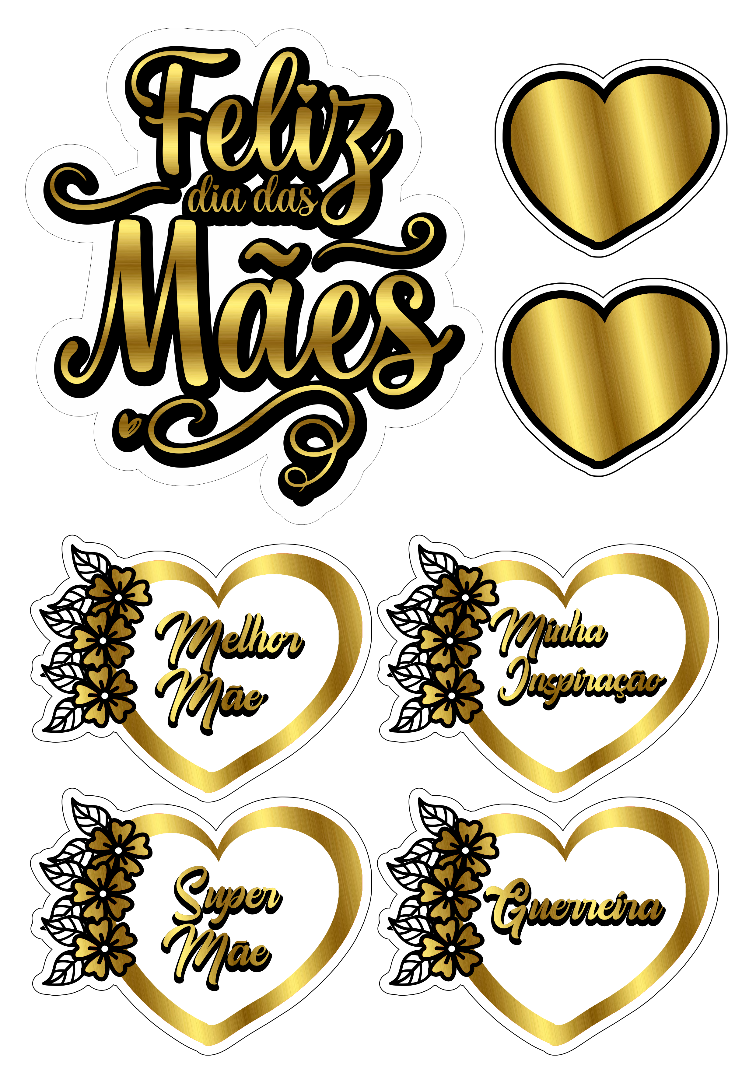 Feliz dia das mães topo de bolo dourado com corações faça a sua festa personalizada flores arquivos de papelaria frases png