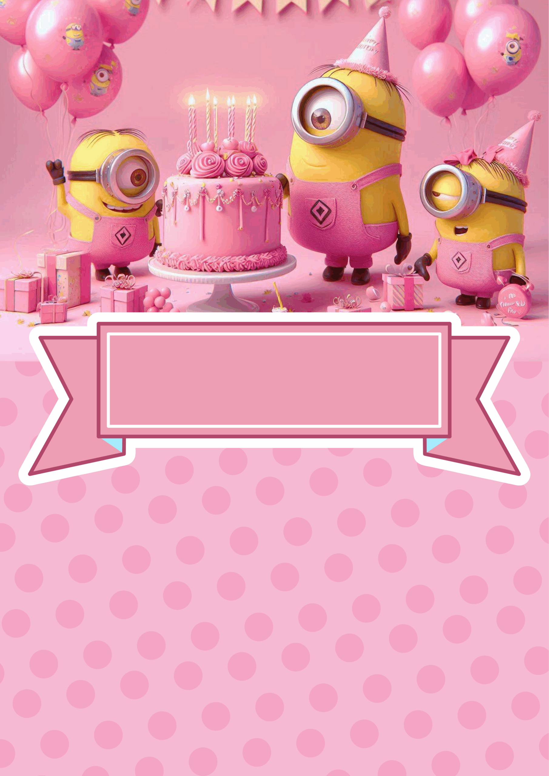 Convite de aniversário minions rosa artes de papelaria molde limpo para personalização png