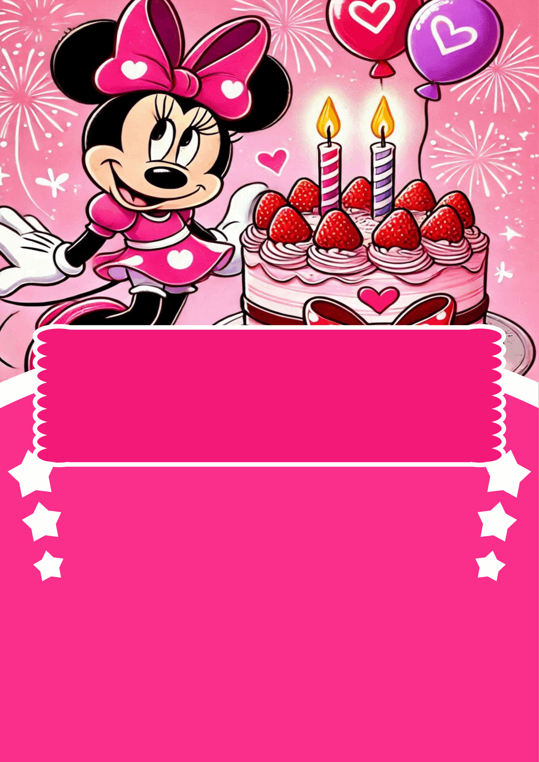 Convite de aniversário Minnie rosa Disney desenho infantil artes de papelaria molde limpo para personalização png