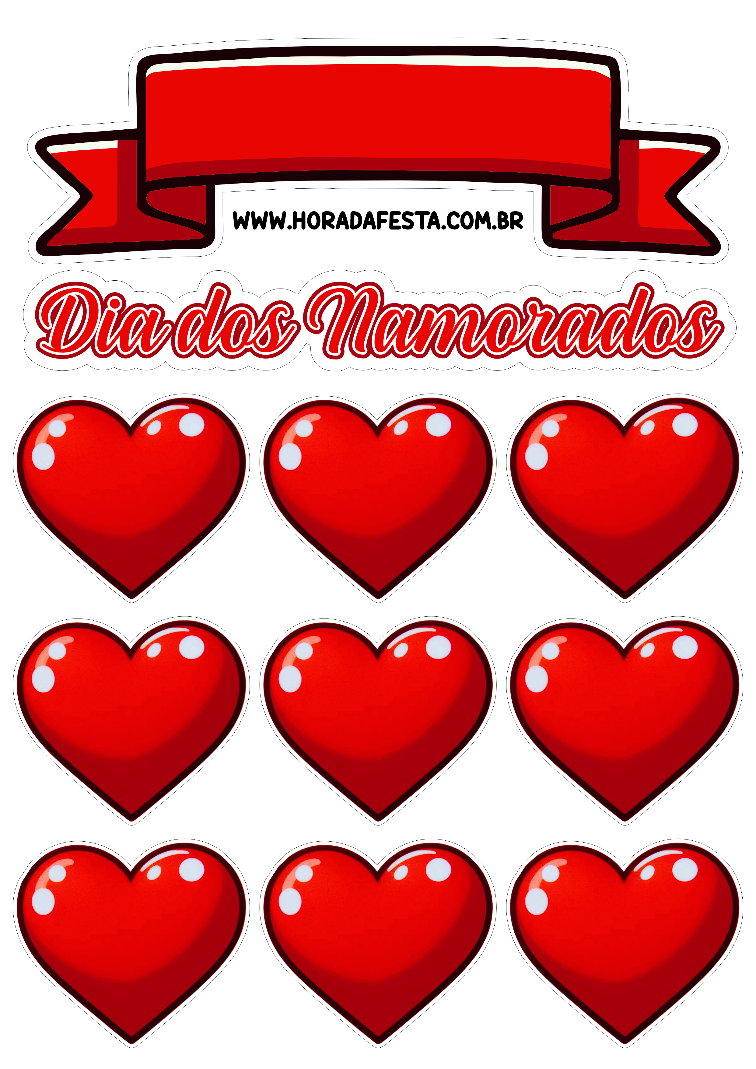 Topo de bolo corações vermelhos ideal para o dia dos namorados amor paixão eu amo você decoração artes gráficas png