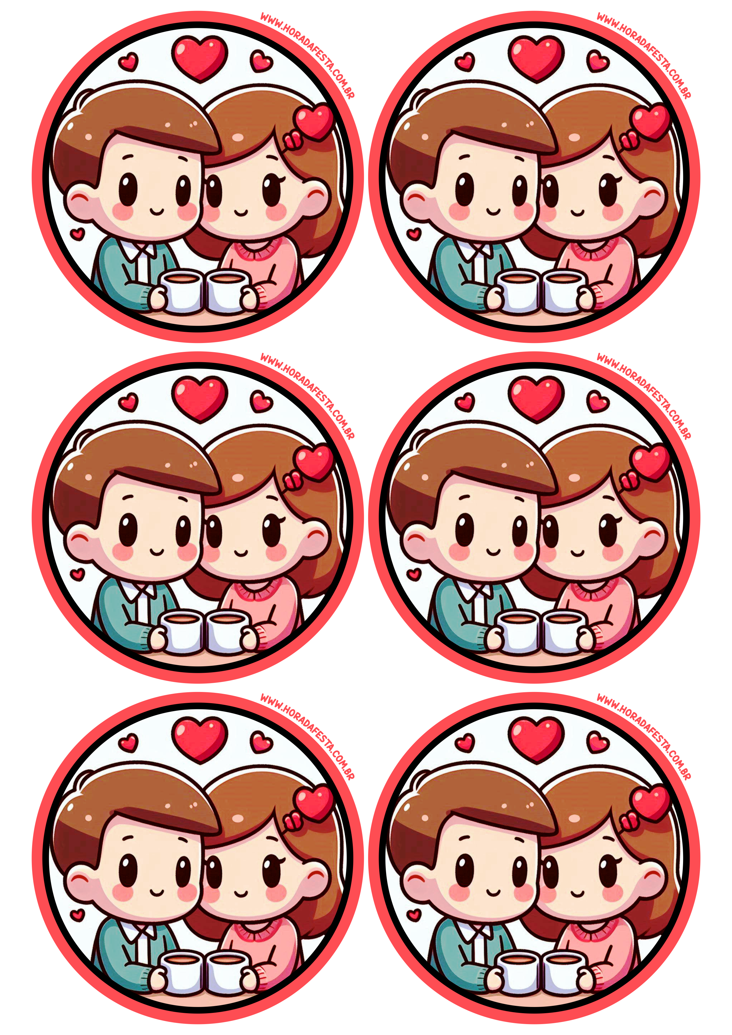 Dia dos namorados adesivo redondo casal apaixonado desenho simples decoração para mimos com corações 6 imagens png