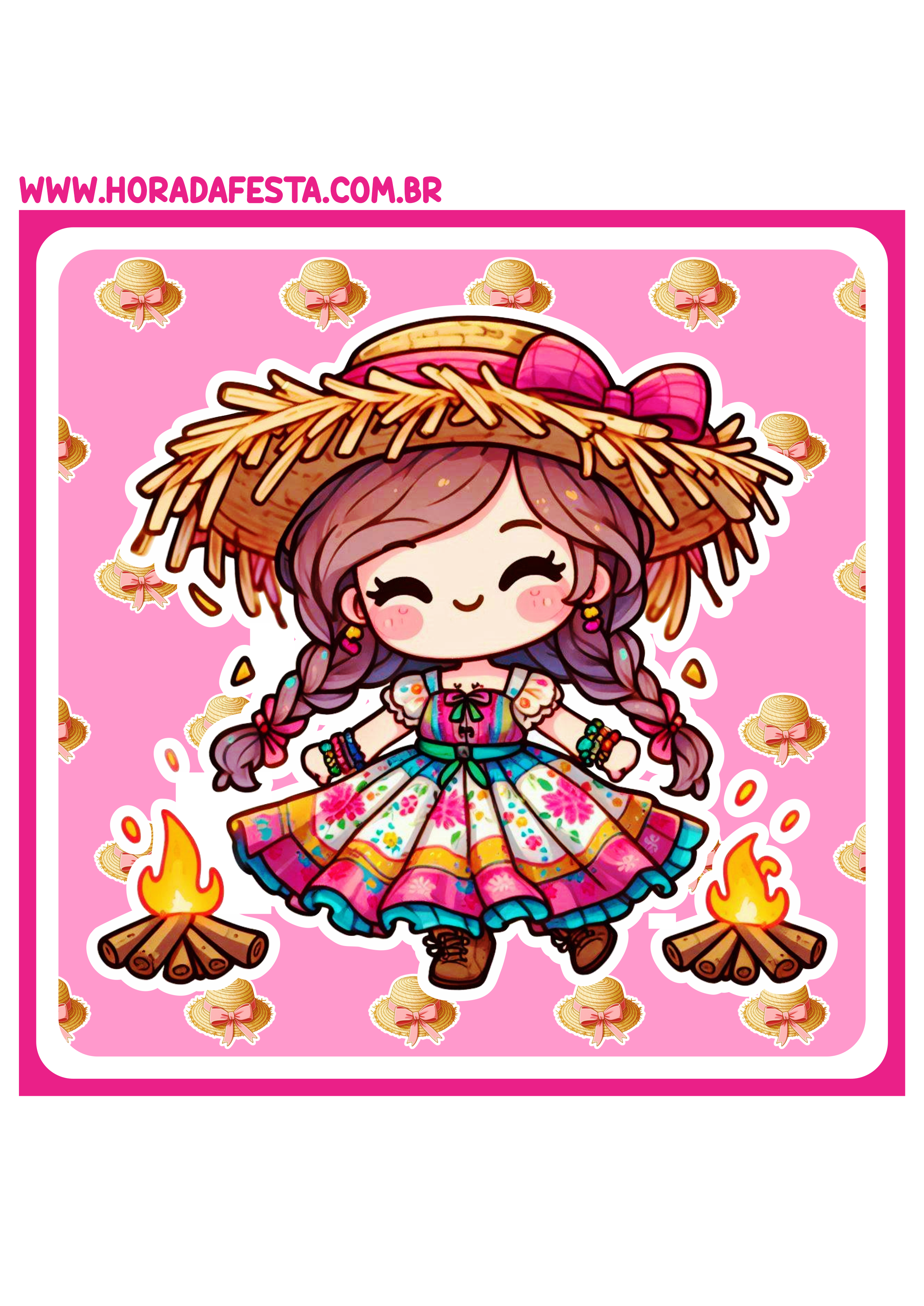 Adesivo redondo para festa junina rosa menina com vestido e chapéu de palha png