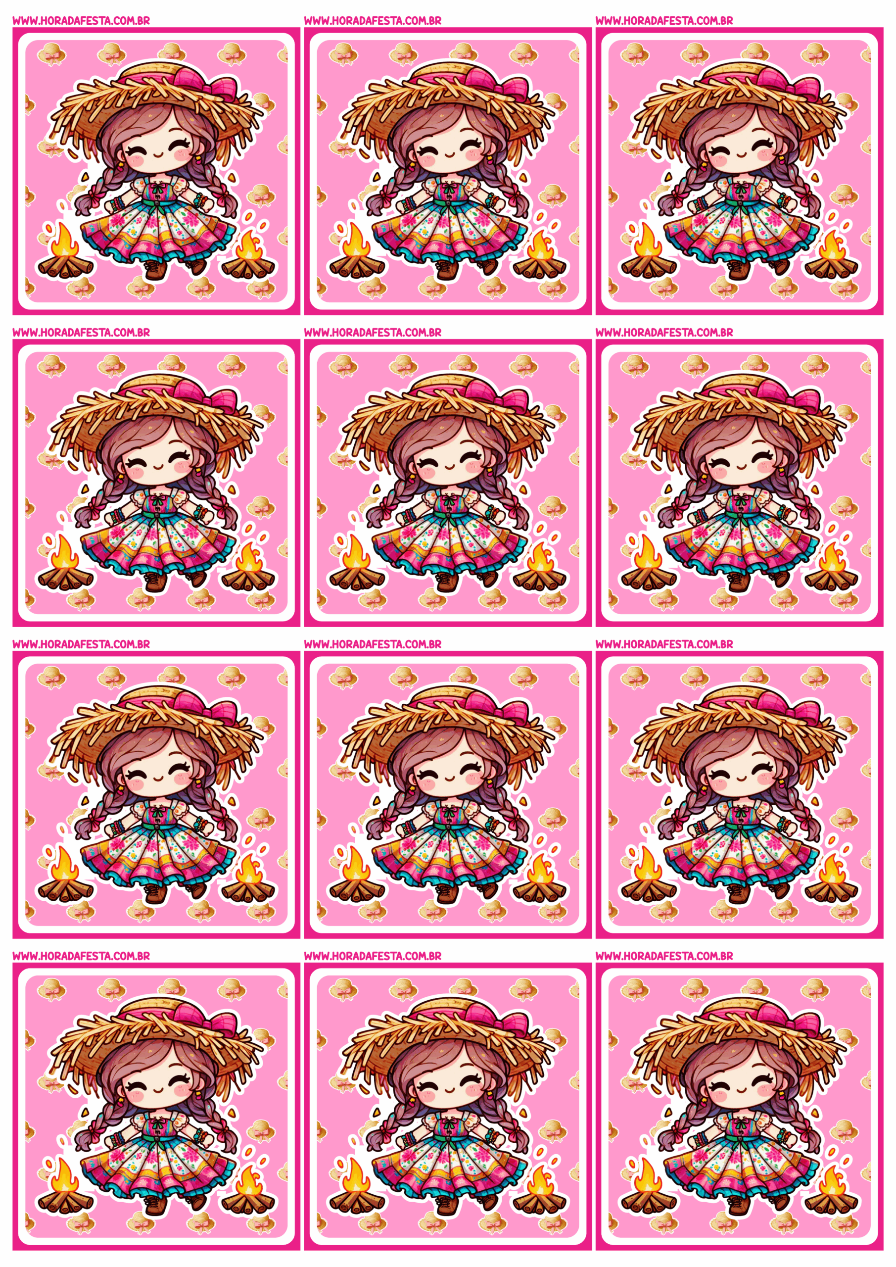 Adesivo redondo para festa junina rosa menina com vestido e chapéu de palha 12 imagens png