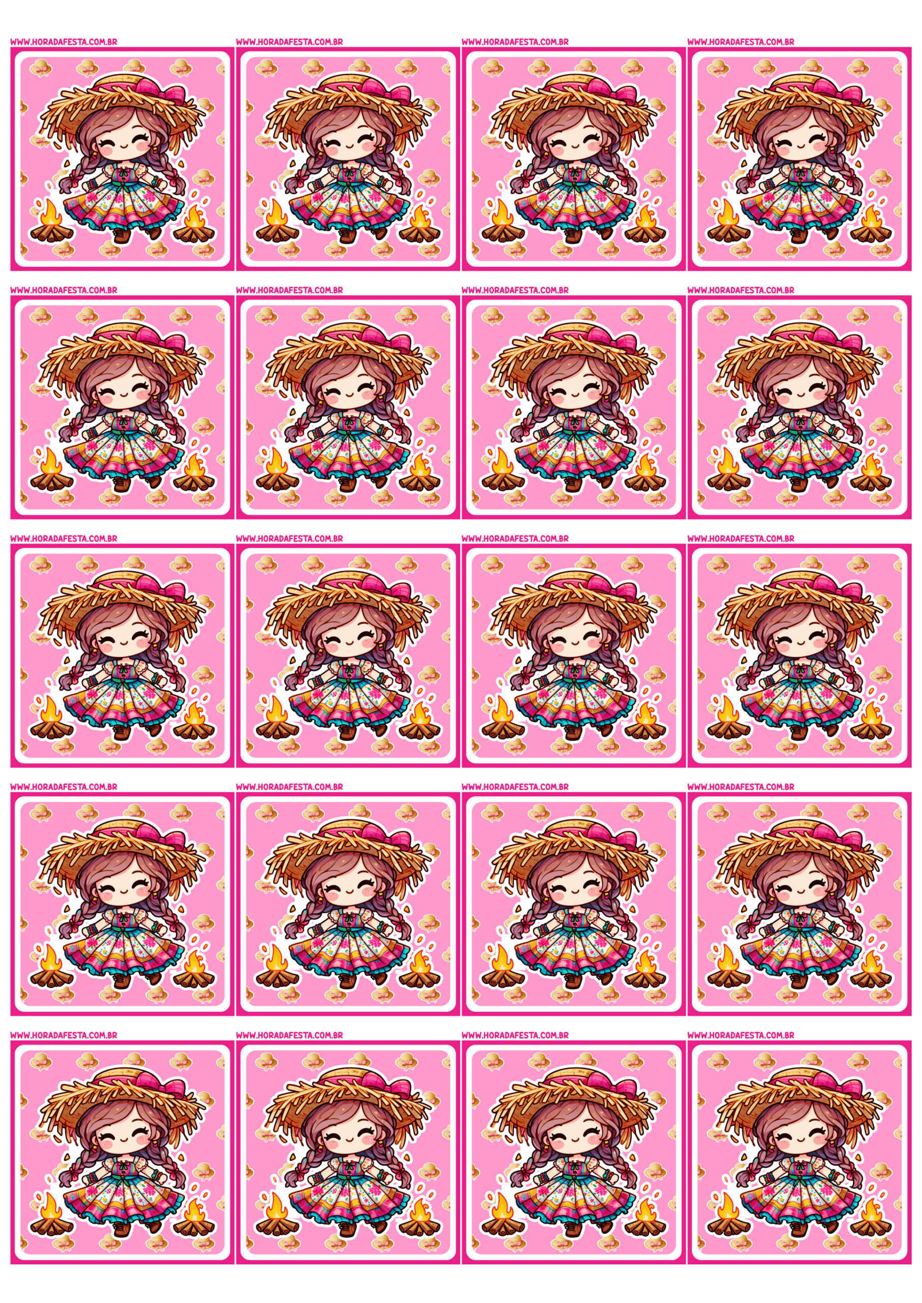 Adesivo redondo para festa junina rosa menina com vestido e chapéu de palha 20 imagens png